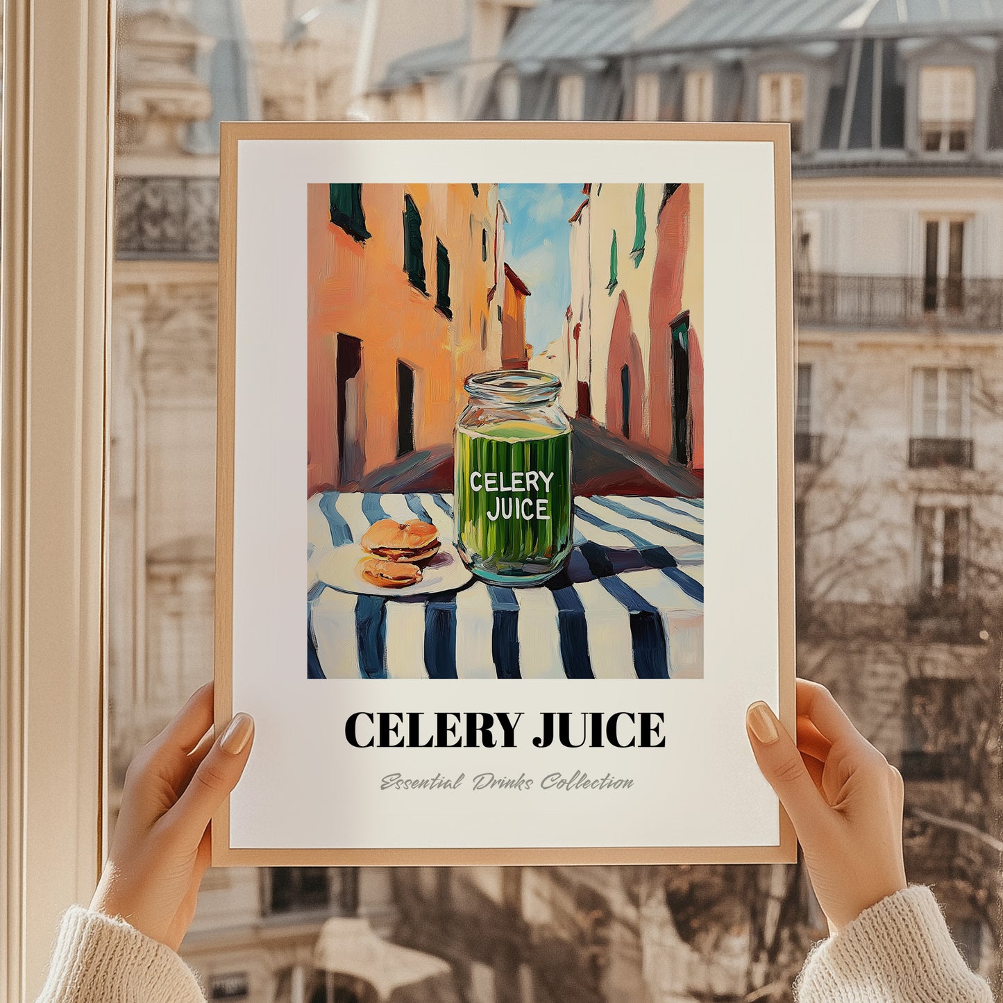 Celery Juice – Italian Urban Café Scene, Lemonade Wall Print, styled in a charming Paris street view
