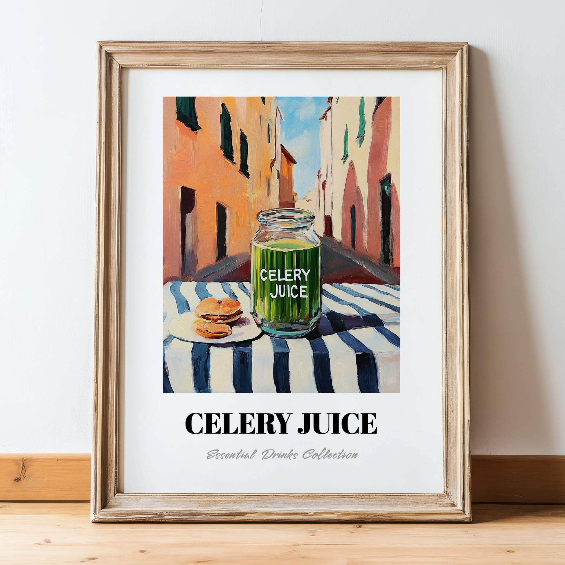 Celery Juice – Italian Urban Café Scene, Lemonade Wall Print, in wooden frame leaning on the floor