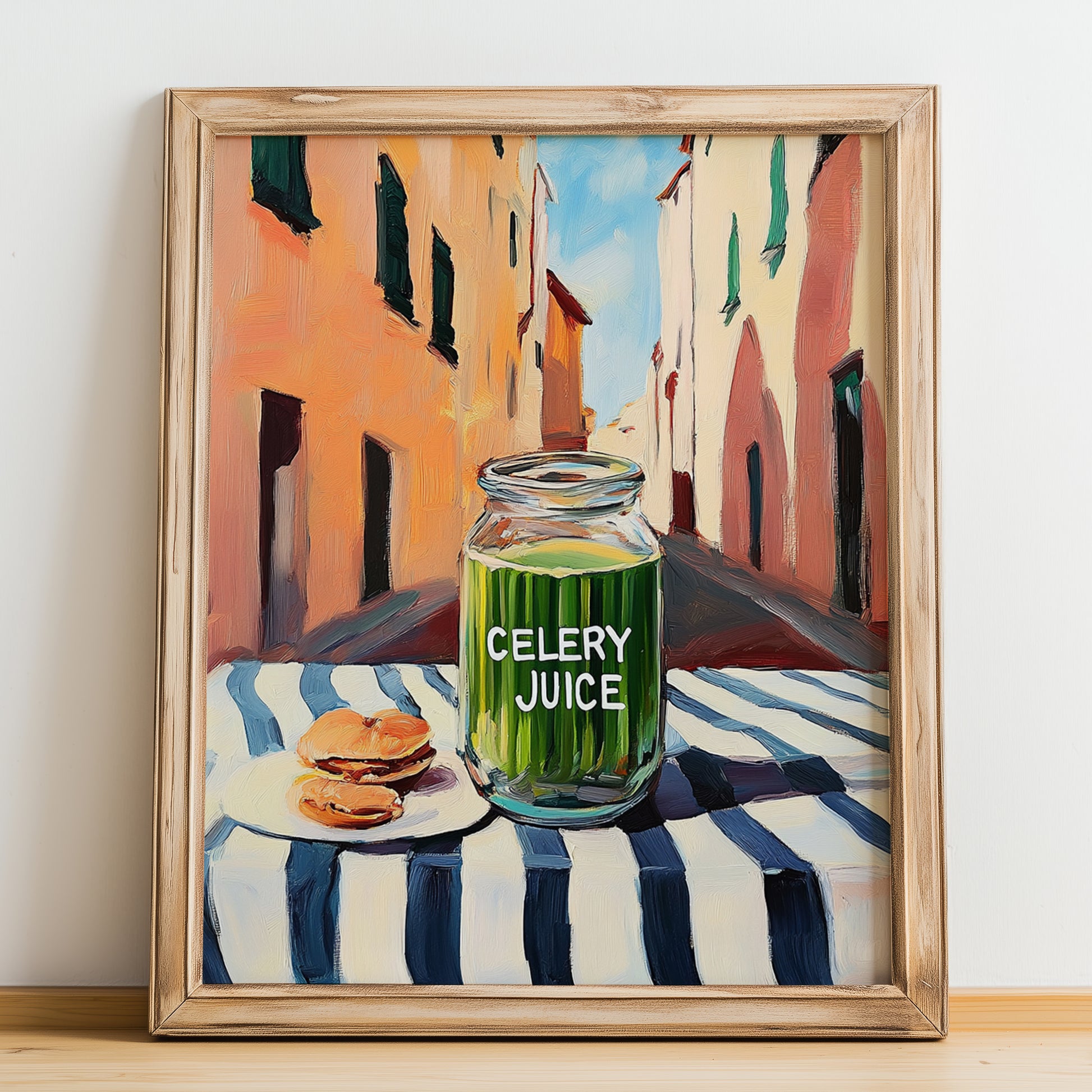 Celery Juice – Italian Urban Café Scene, Lemonade Wall Print, no-text version framed in wood