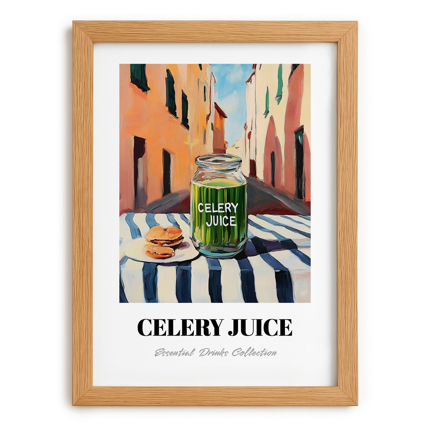 Celery Juice – Italian Urban Café Scene, Lemonade Wall Print, set in oak frame