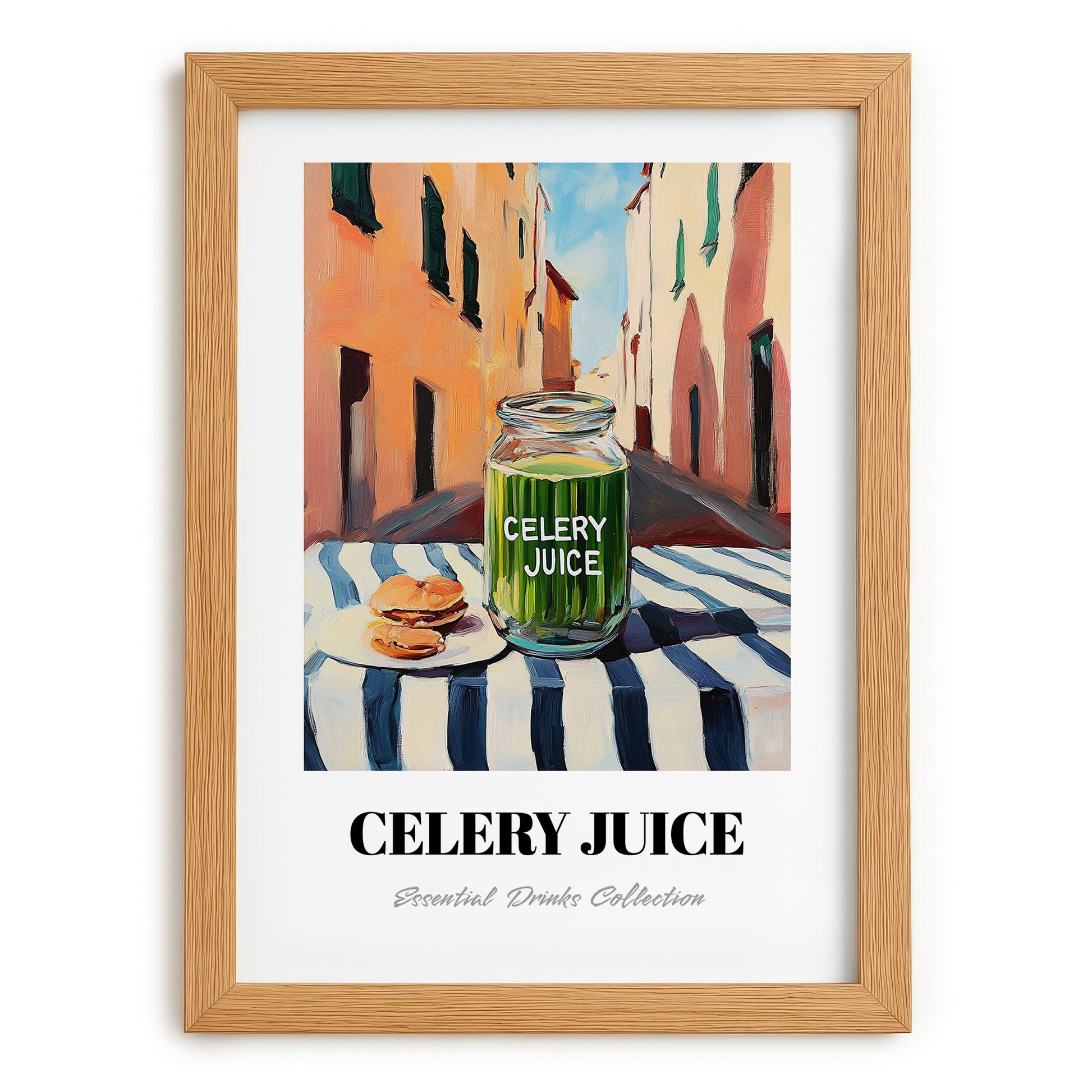 Celery Juice – Italian Urban Café Scene, Lemonade Wall Print, set in oak frame