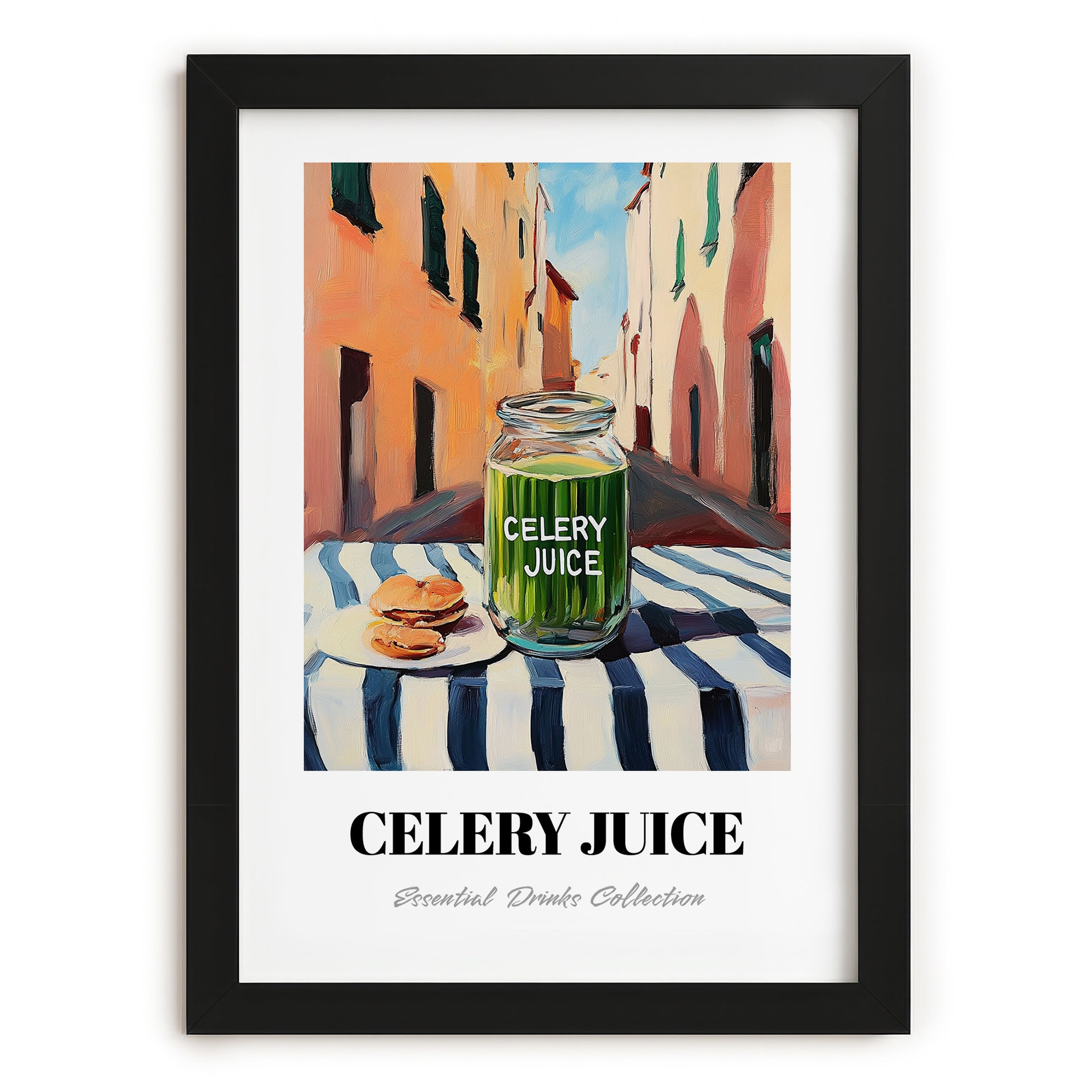 Celery Juice – Italian Urban Café Scene, Lemonade Wall Print, in sleek black frame