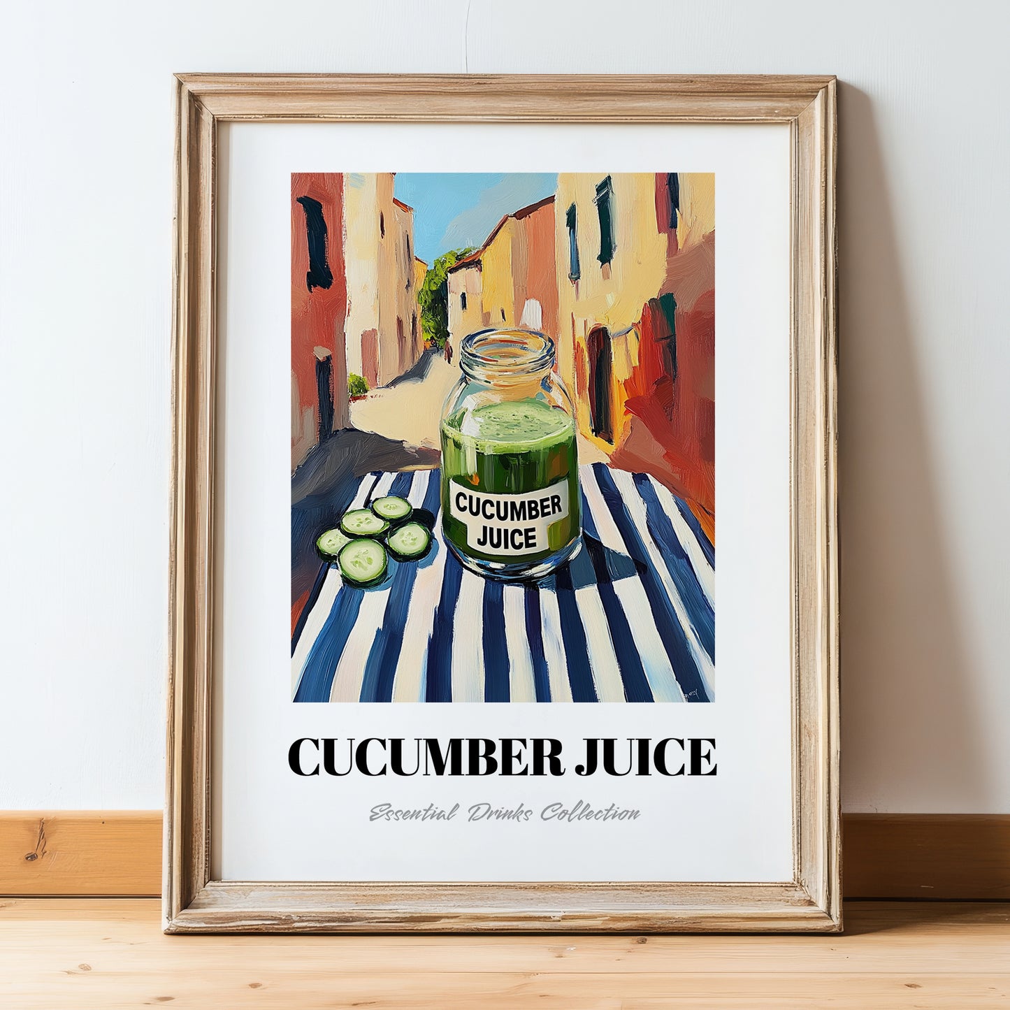 Cucumber Juice – Italian Outdoor Café Scene, Lemonade Wall Decor, in wooden frame leaning on the floor