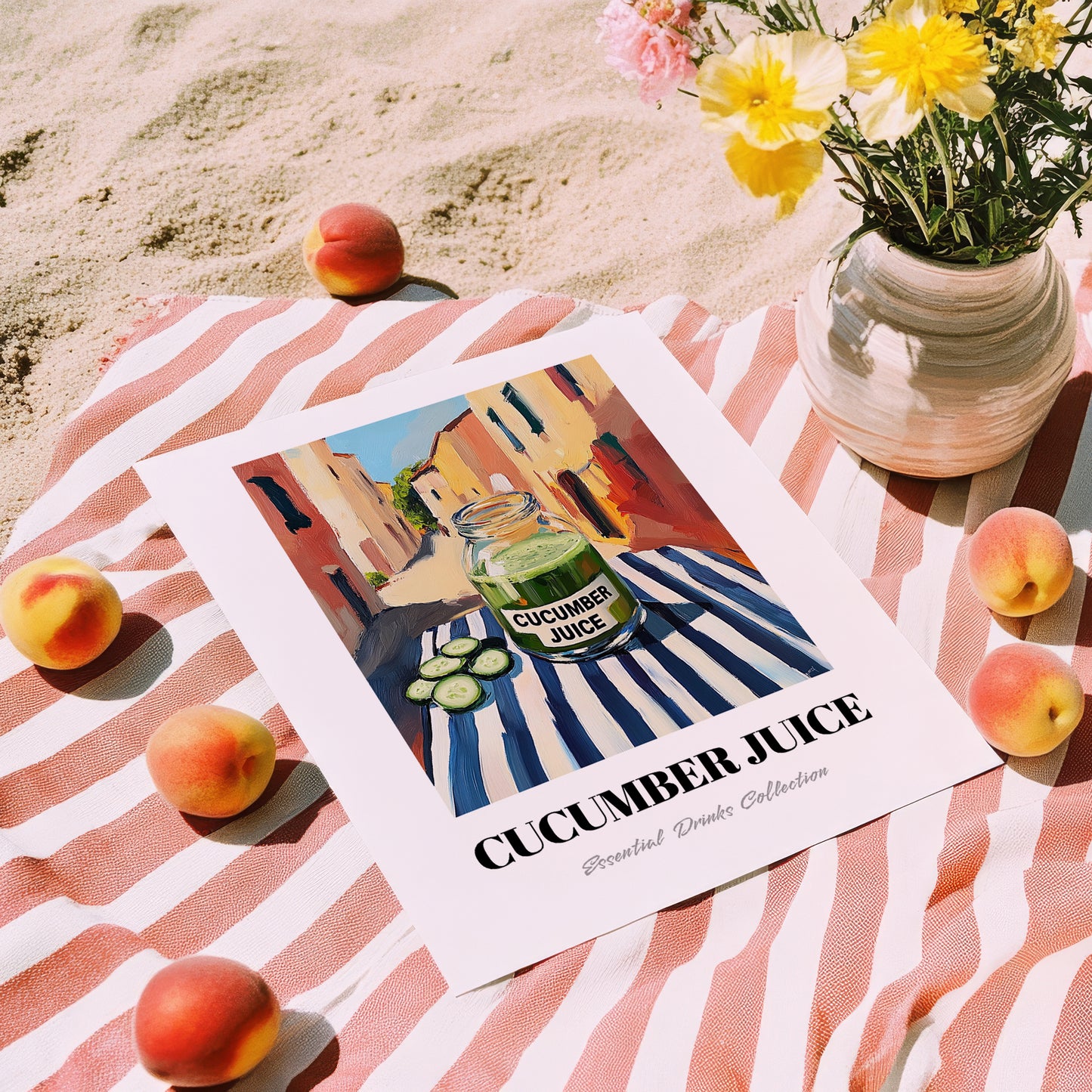 Cucumber Juice – Italian Outdoor Café Scene, Lemonade Wall Decor, unframed on coastal sand
