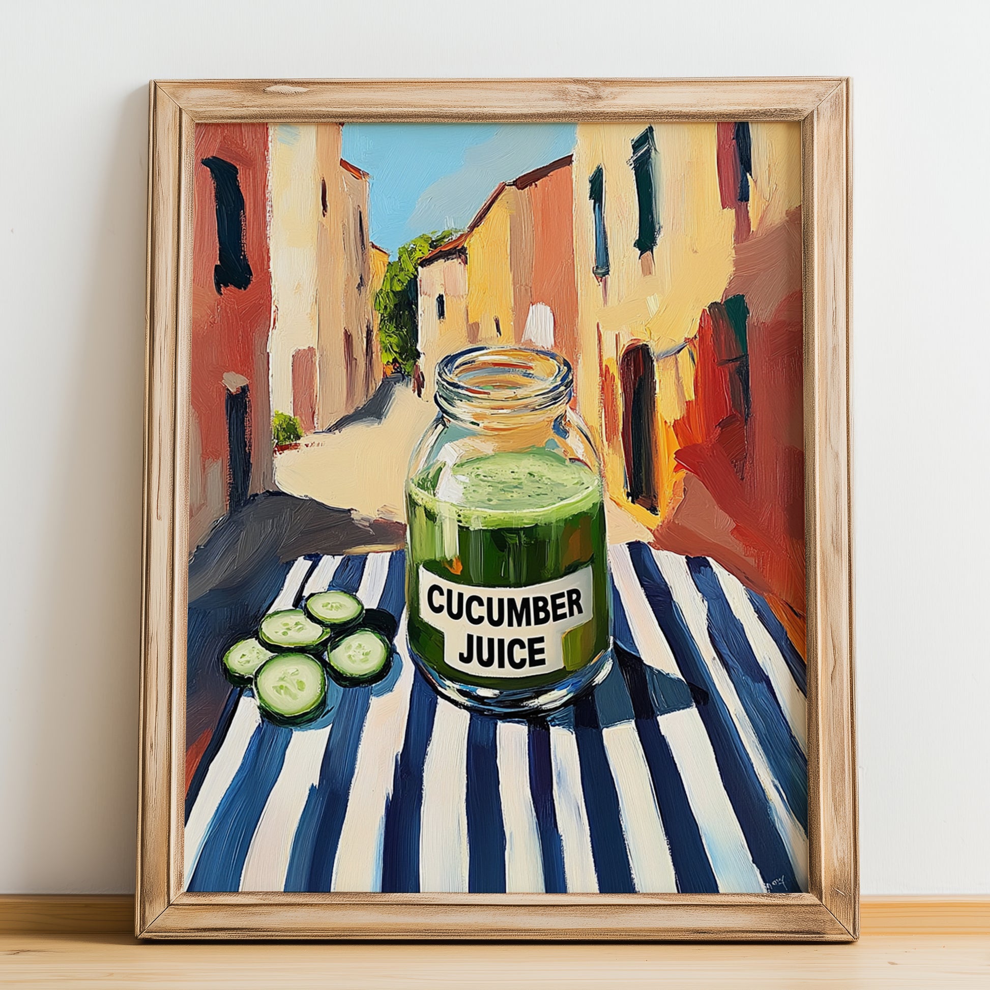 Cucumber Juice – Italian Outdoor Café Scene, Lemonade Wall Decor, no-text version framed in wood