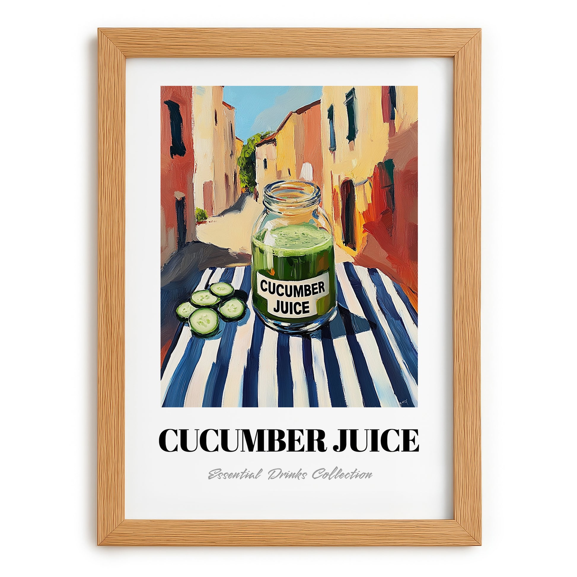 Cucumber Juice – Italian Outdoor Café Scene, Lemonade Wall Decor, set in oak frame