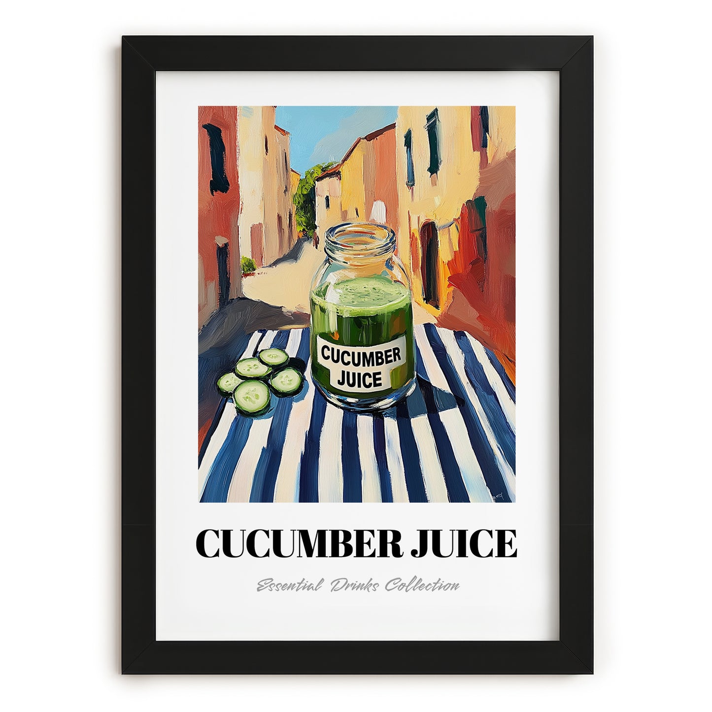 Cucumber Juice – Italian Outdoor Café Scene, Lemonade Wall Decor, in sleek black frame