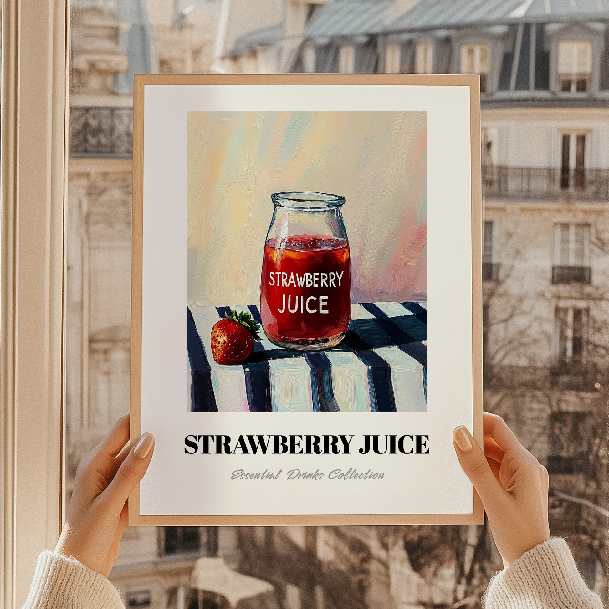 Strawberry Juice – on Striped Tablecloth, Lemonade Painting, styled in a charming Paris street view