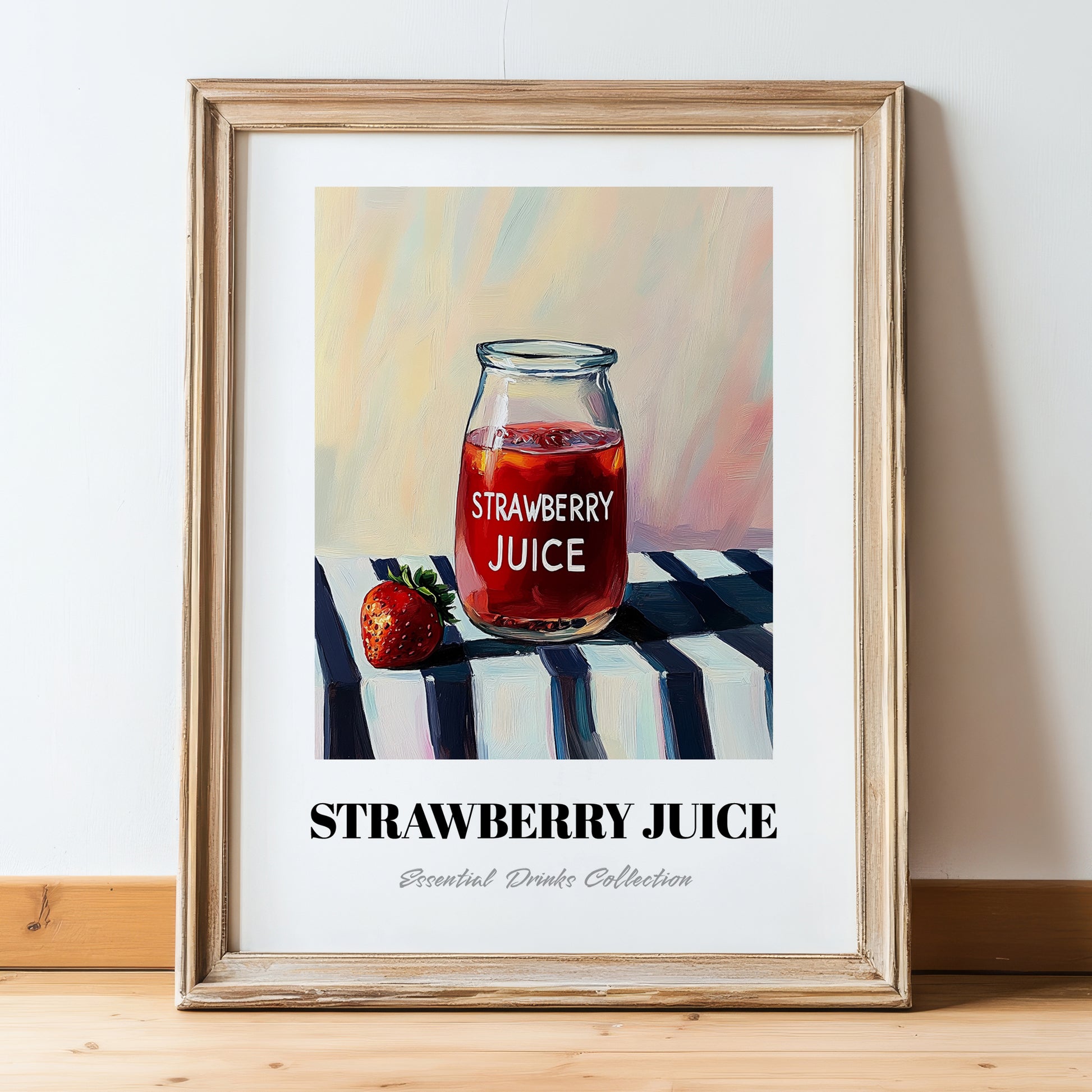 Strawberry Juice – on Striped Tablecloth, Lemonade Painting, in wooden frame leaning on the floor