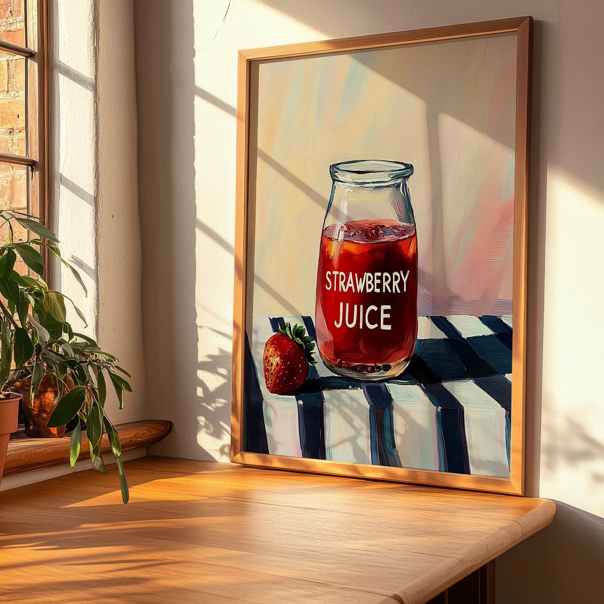 Strawberry Juice – on Striped Tablecloth, Lemonade Painting, clean layout with no caption