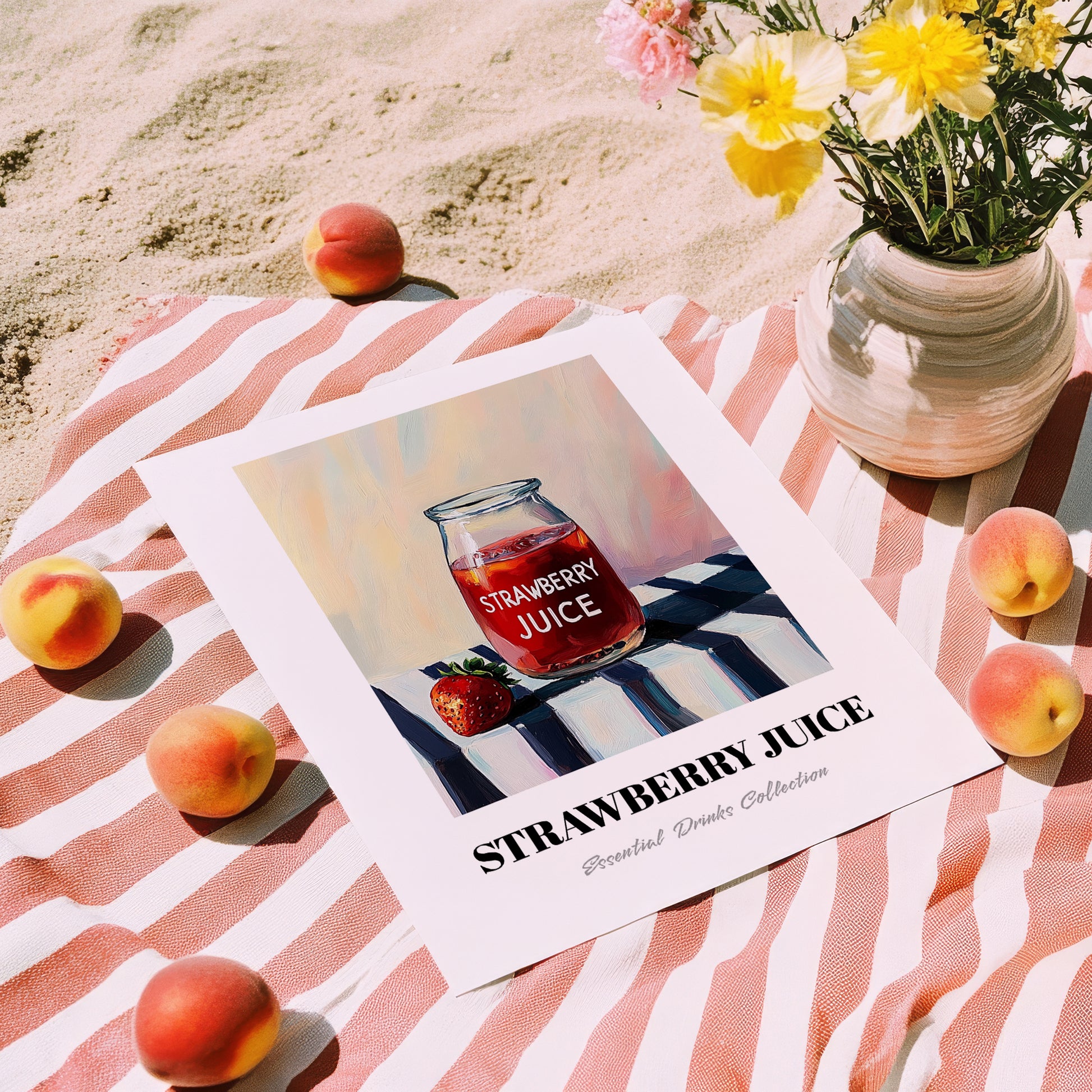 Strawberry Juice – on Striped Tablecloth, Lemonade Painting, unframed on coastal sand
