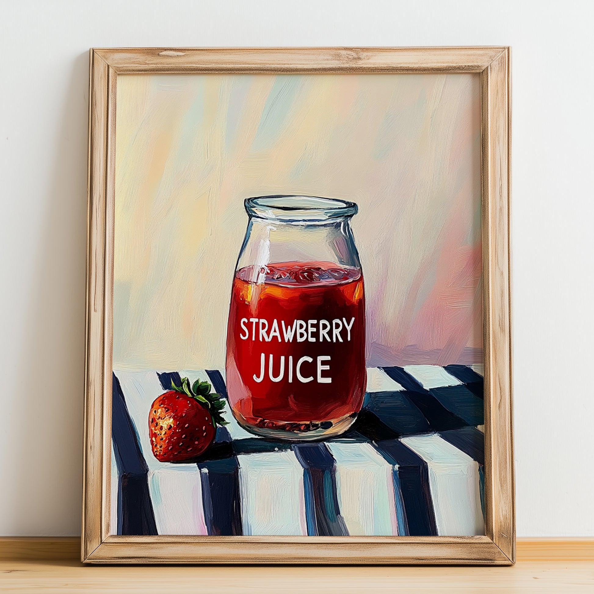 Strawberry Juice – on Striped Tablecloth, Lemonade Painting, no-text version framed in wood