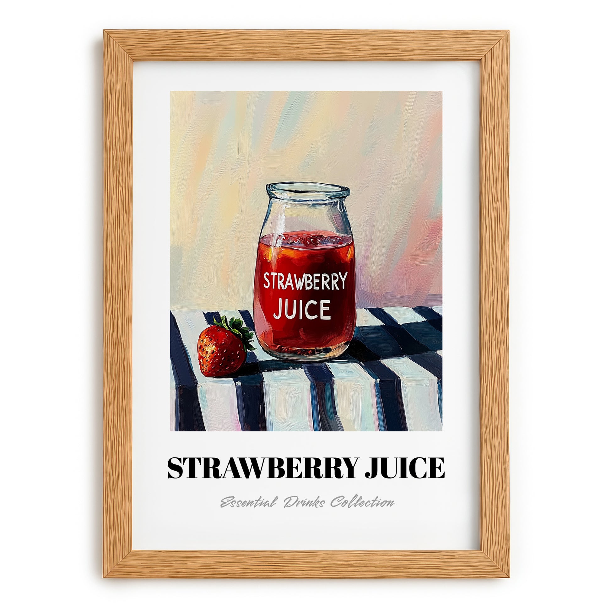 Strawberry Juice – on Striped Tablecloth, Lemonade Painting, set in oak frame