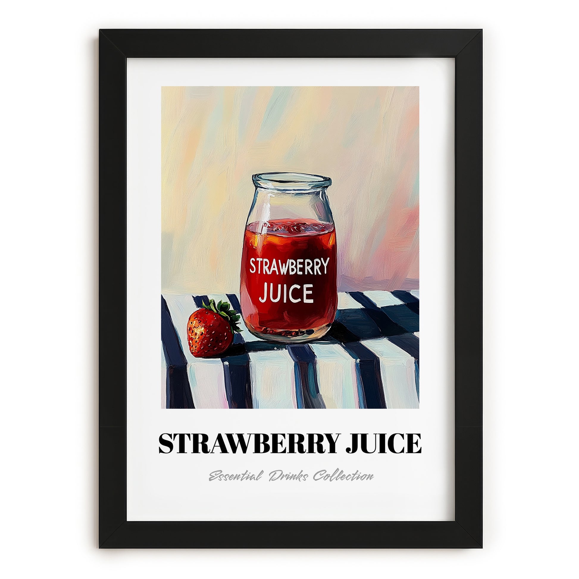 Strawberry Juice – on Striped Tablecloth, Lemonade Painting, in sleek black frame