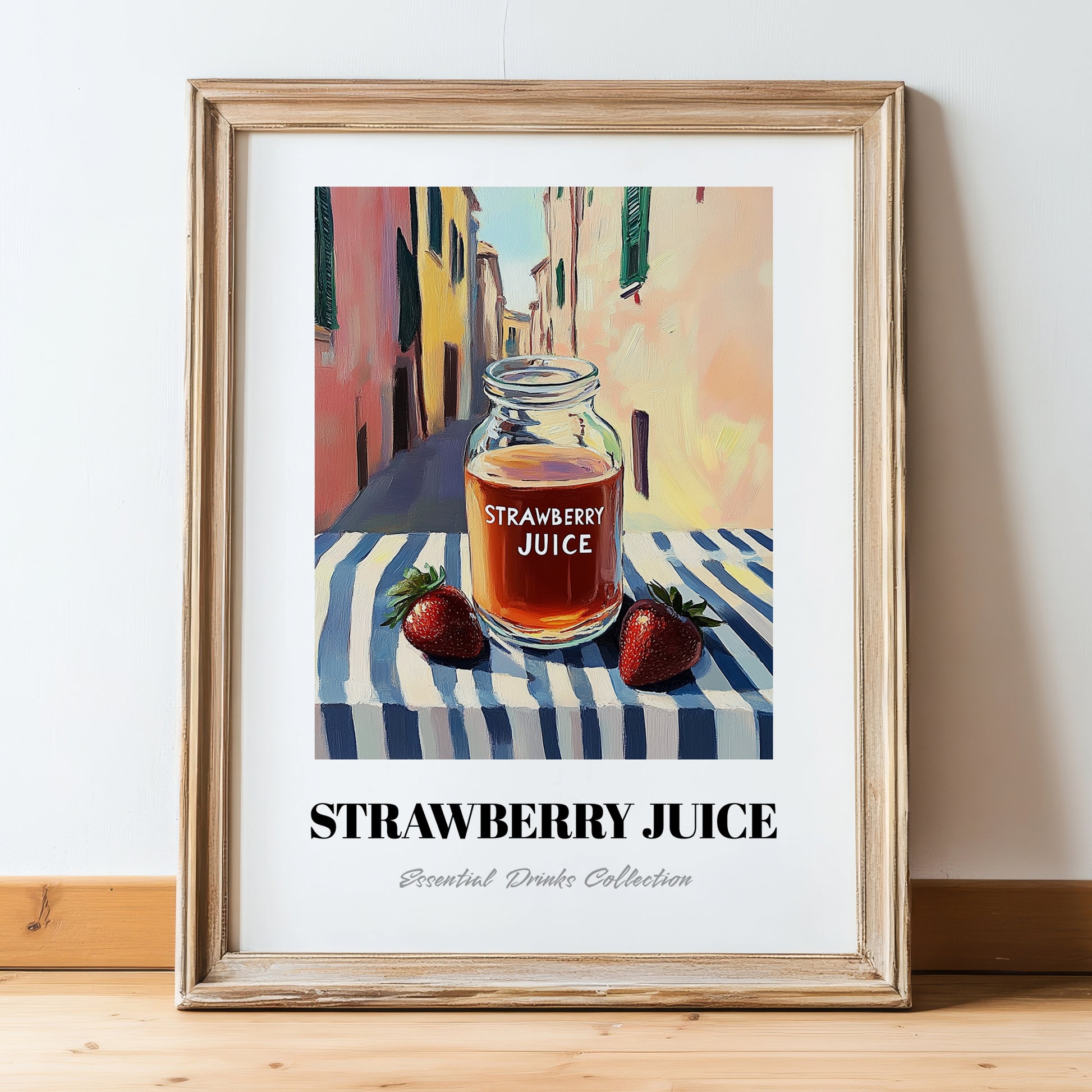 Strawberry Juice – Italian Urban Café Scene, Lemonade Wall Art, in wooden frame leaning on the floor