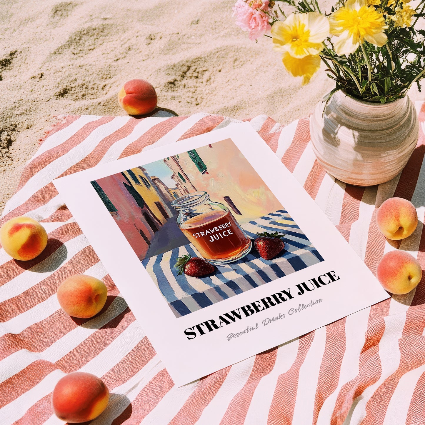 Strawberry Juice – Italian Urban Café Scene, Lemonade Wall Art, unframed on coastal sand