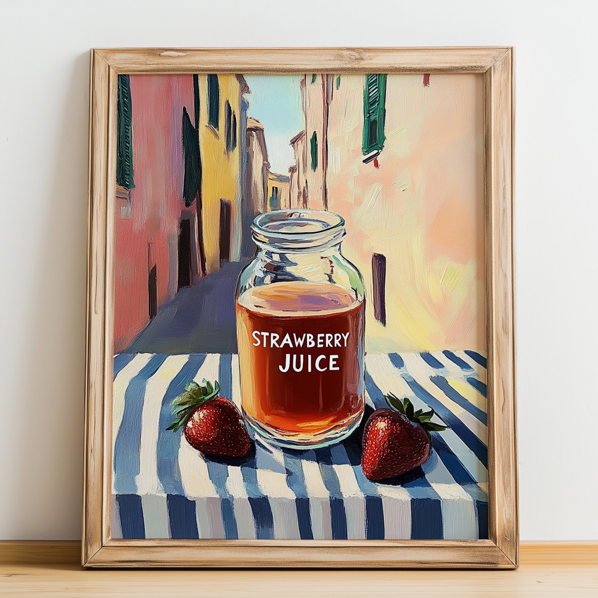 Strawberry Juice – Italian Urban Café Scene, Lemonade Wall Art, no-text version framed in wood