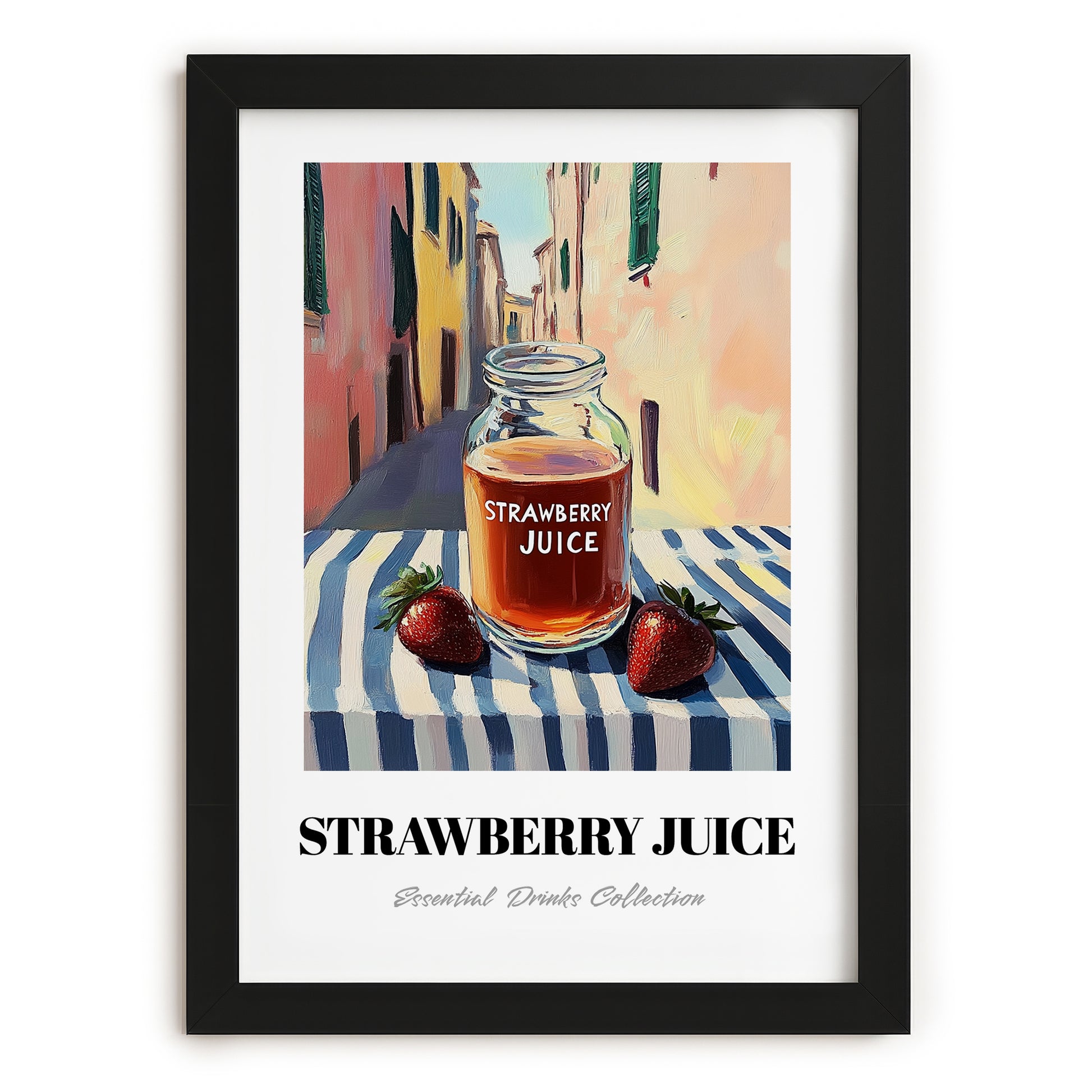 Strawberry Juice – Italian Urban Café Scene, Lemonade Wall Art, in sleek black frame