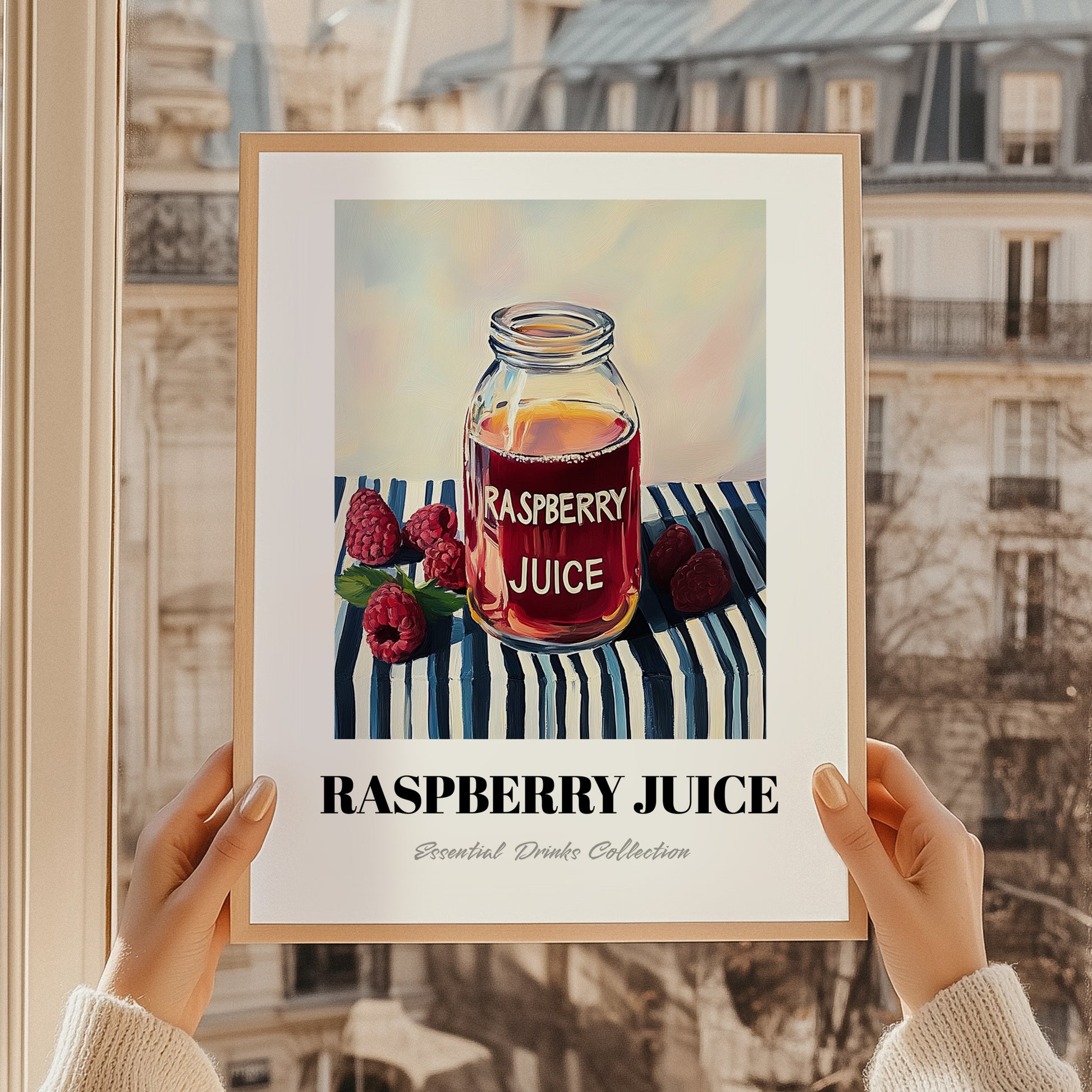 Raspberry Juice – on Striped Tablecloth, Lemonade Illustration, styled in a charming Paris street view