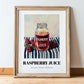 Raspberry Juice – on Striped Tablecloth, Lemonade Illustration, in wooden frame leaning on the floor