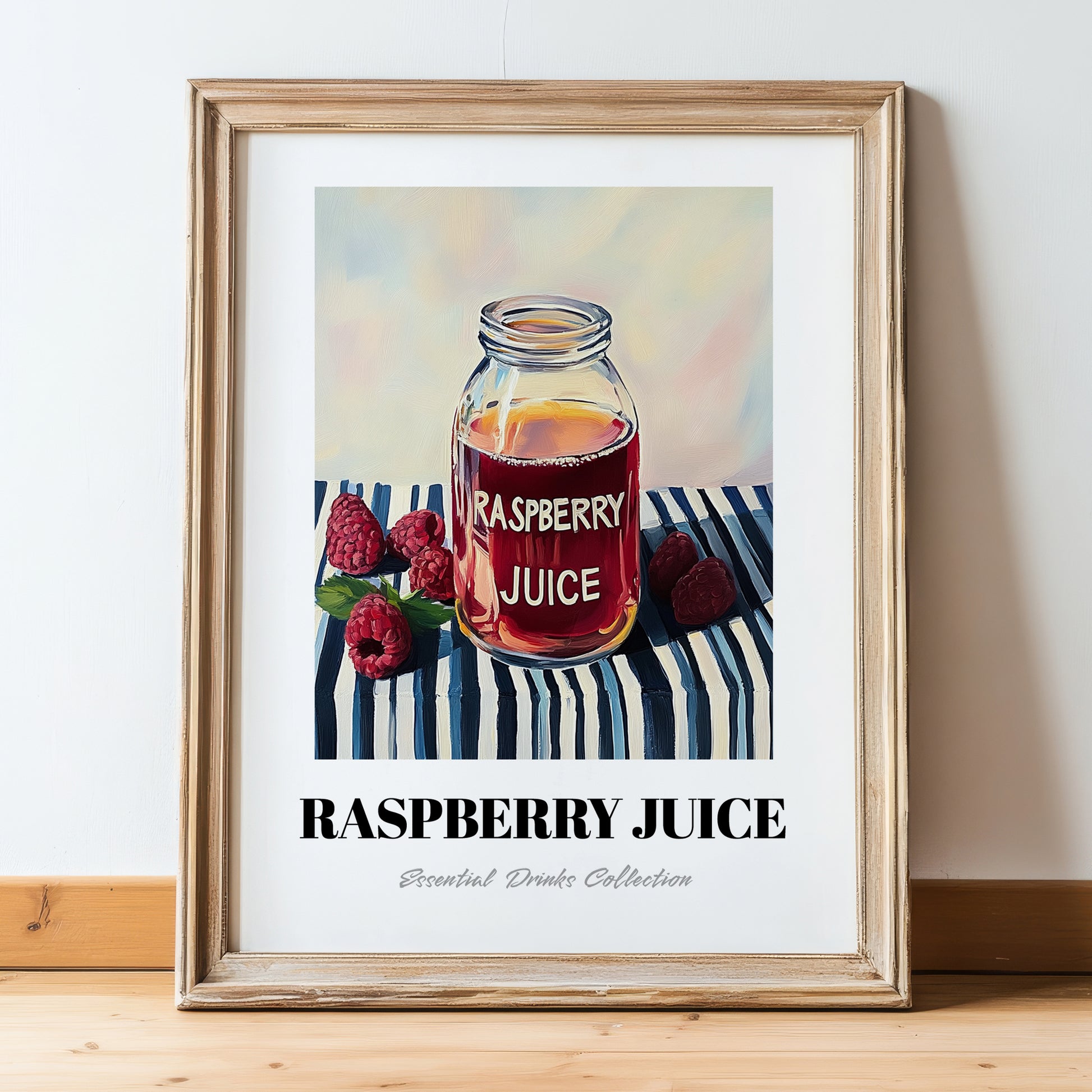 Raspberry Juice – on Striped Tablecloth, Lemonade Illustration, in wooden frame leaning on the floor