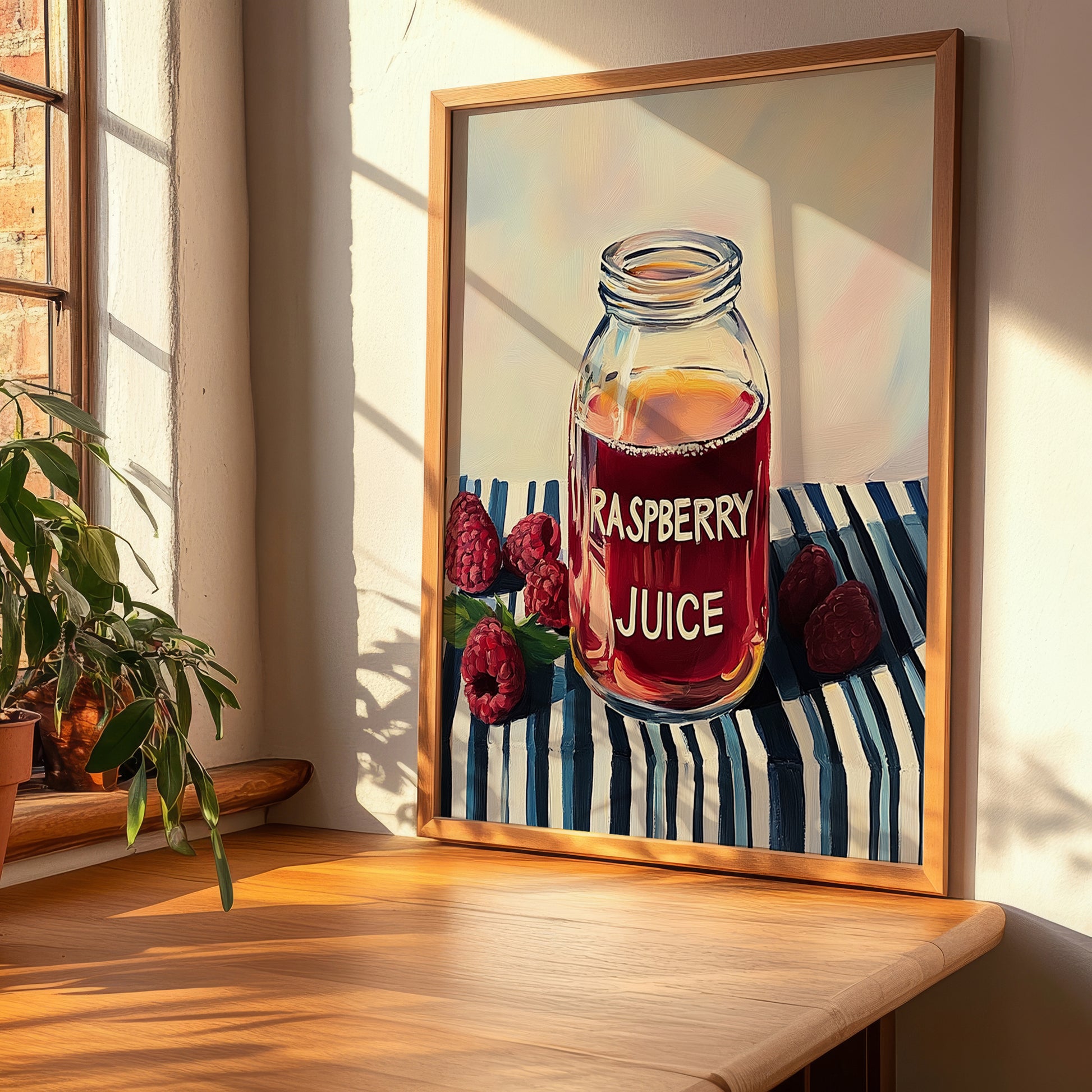 Raspberry Juice – on Striped Tablecloth, Lemonade Illustration, clean layout with no caption