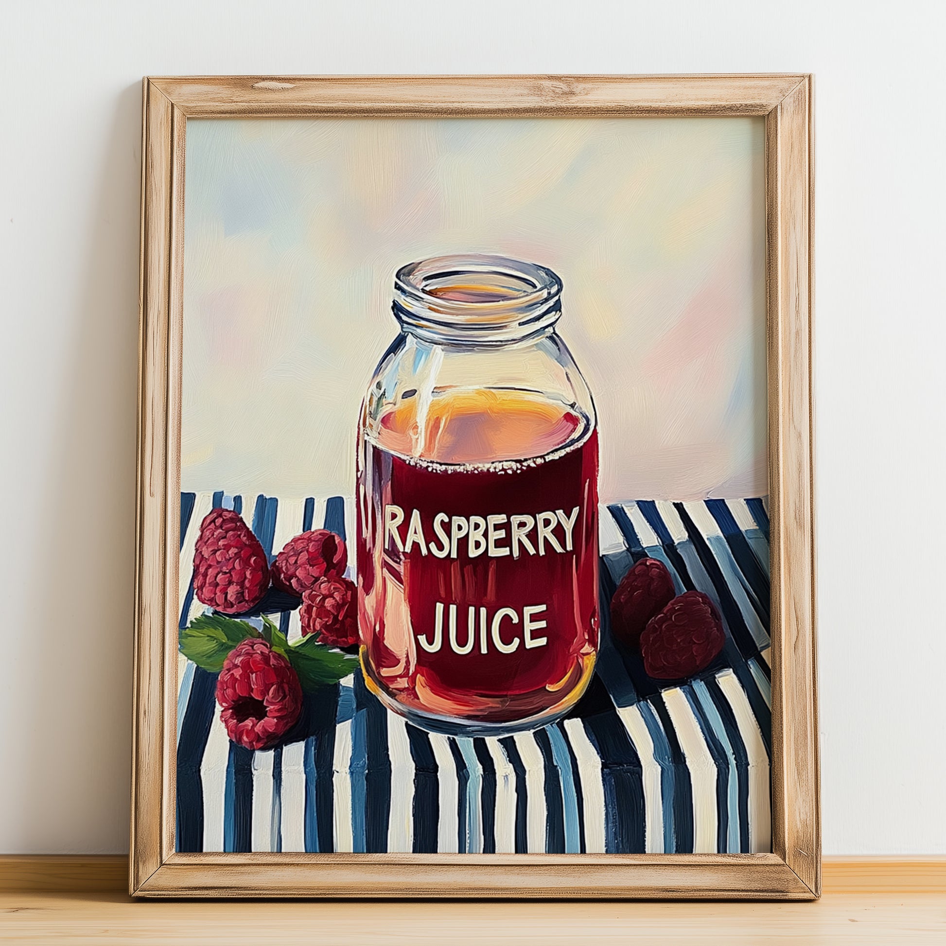 Raspberry Juice – on Striped Tablecloth, Lemonade Illustration, no-text version framed in wood