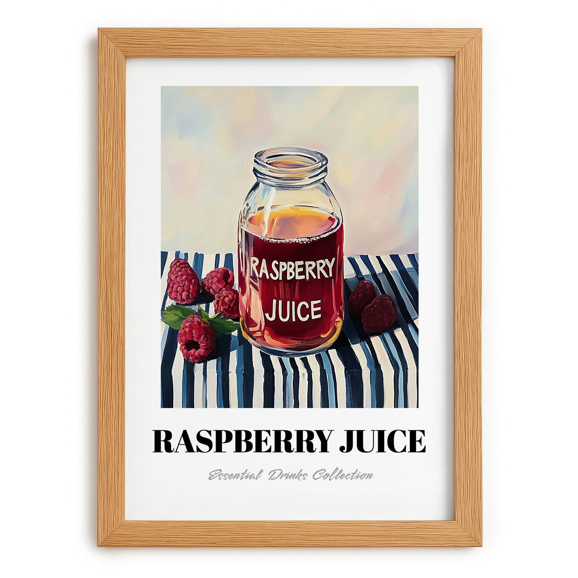 Raspberry Juice – on Striped Tablecloth, Lemonade Illustration, set in oak frame