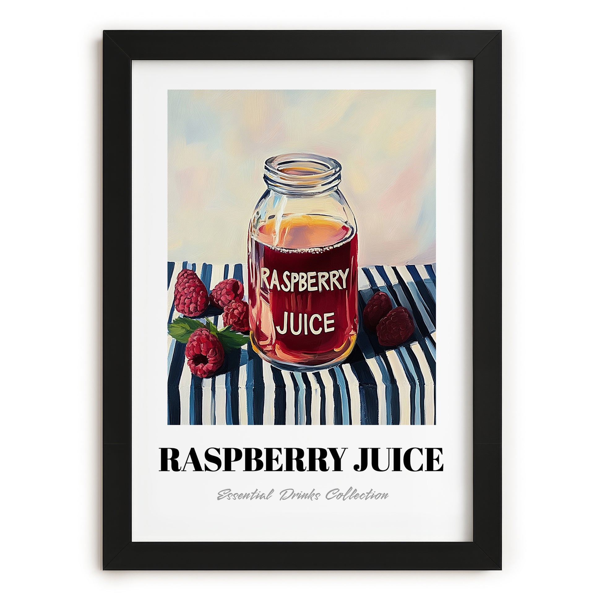 Raspberry Juice – on Striped Tablecloth, Lemonade Illustration, in sleek black frame