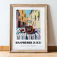Raspberry Juice – Italian Outdoor Café Scene, Lemonade Painting, in wooden frame leaning on the floor