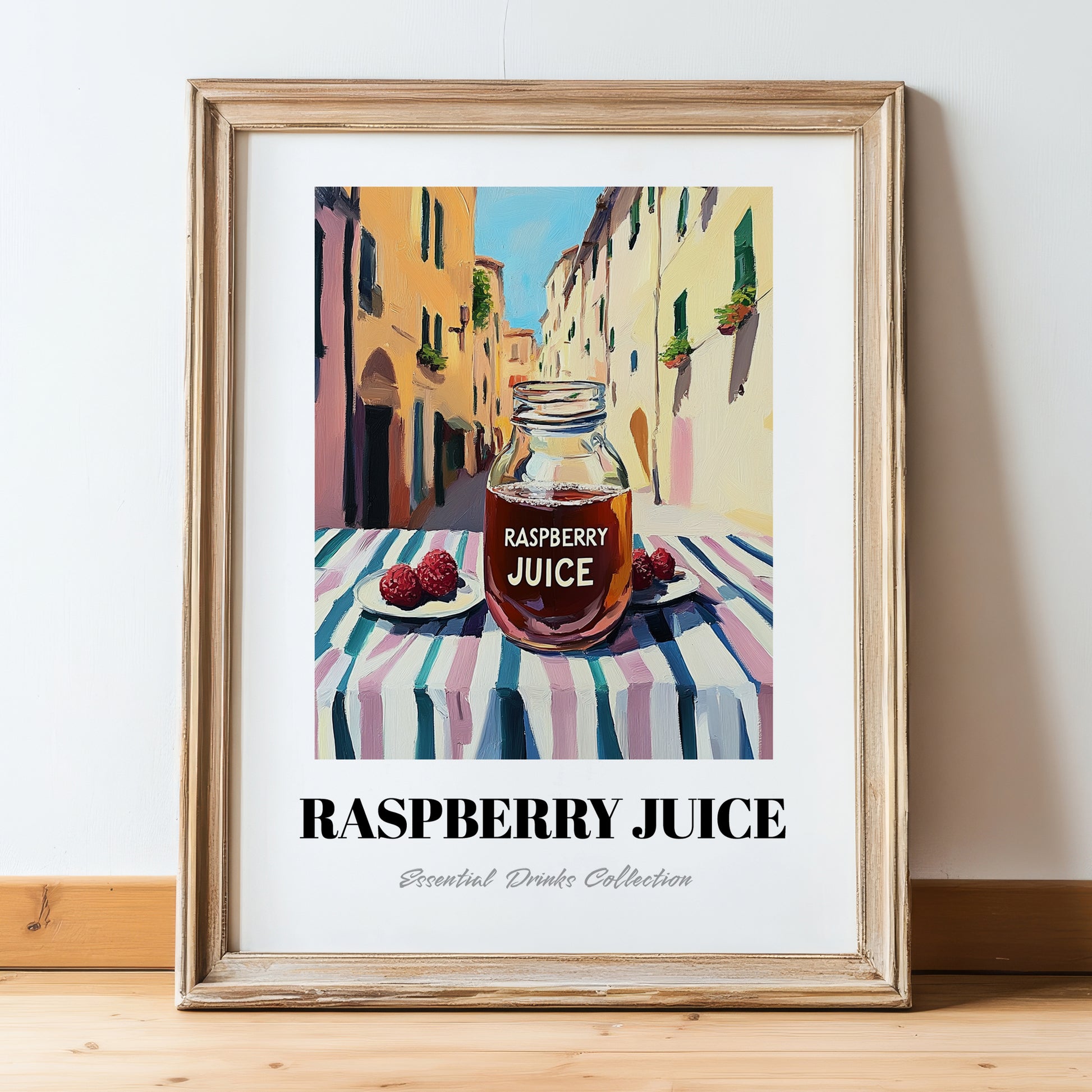 Raspberry Juice – Italian Outdoor Café Scene, Lemonade Painting, in wooden frame leaning on the floor