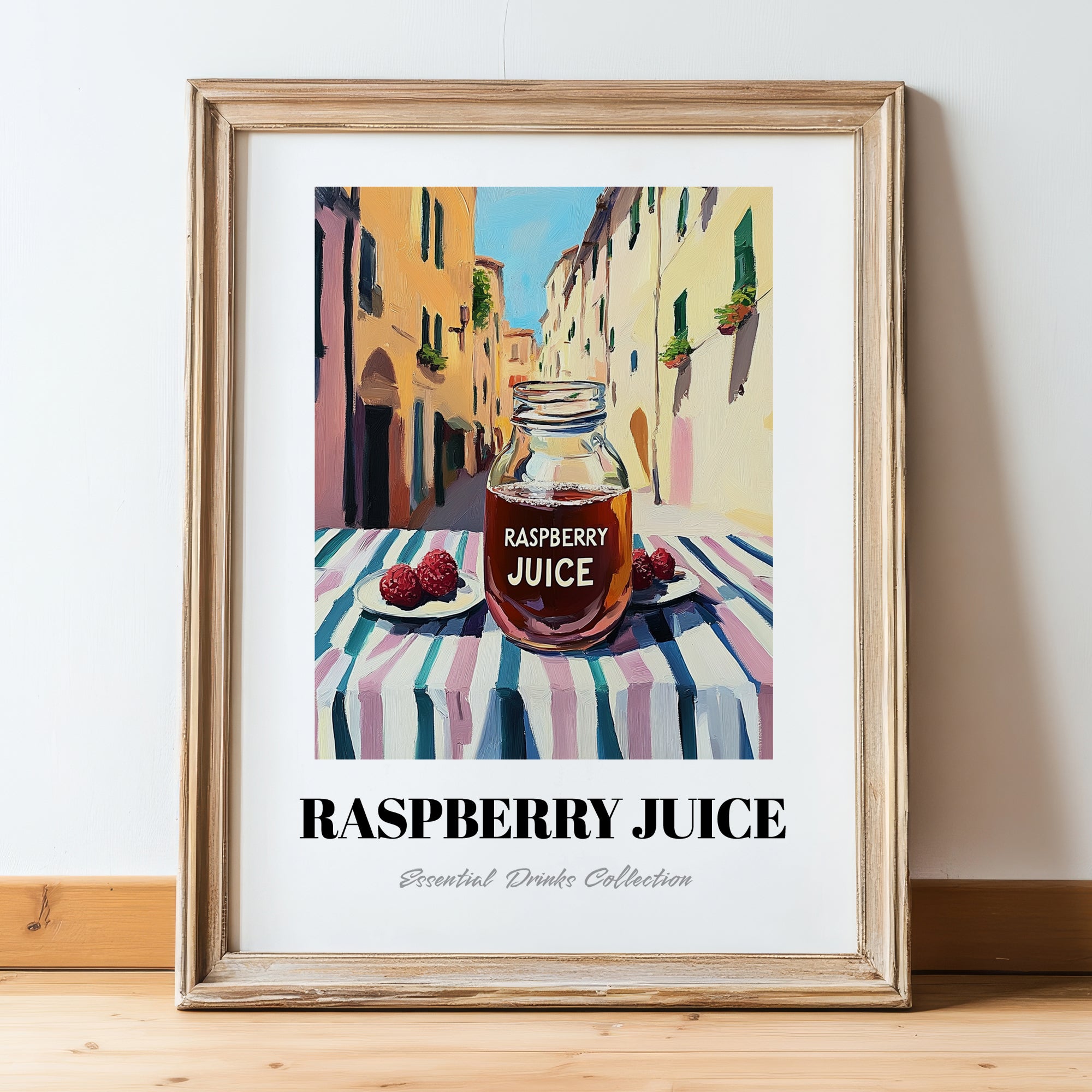 Raspberry Juice – Italian Outdoor Café Scene, Lemonade Painting, in wooden frame leaning on the floor