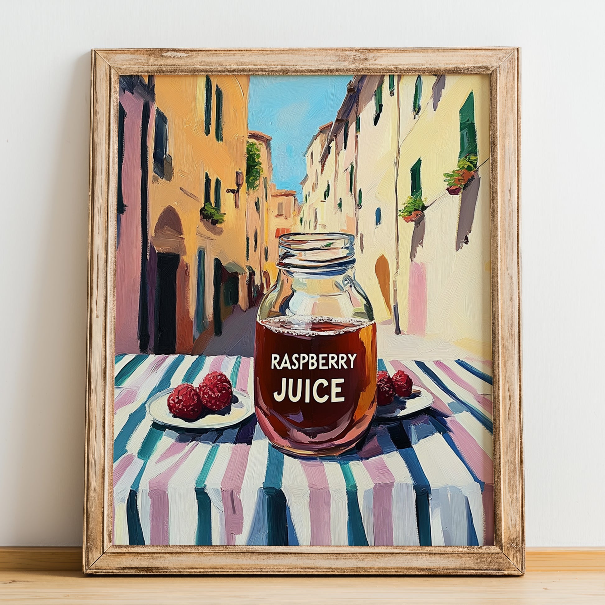 Raspberry Juice – Italian Outdoor Café Scene, Lemonade Painting, no-text version framed in wood