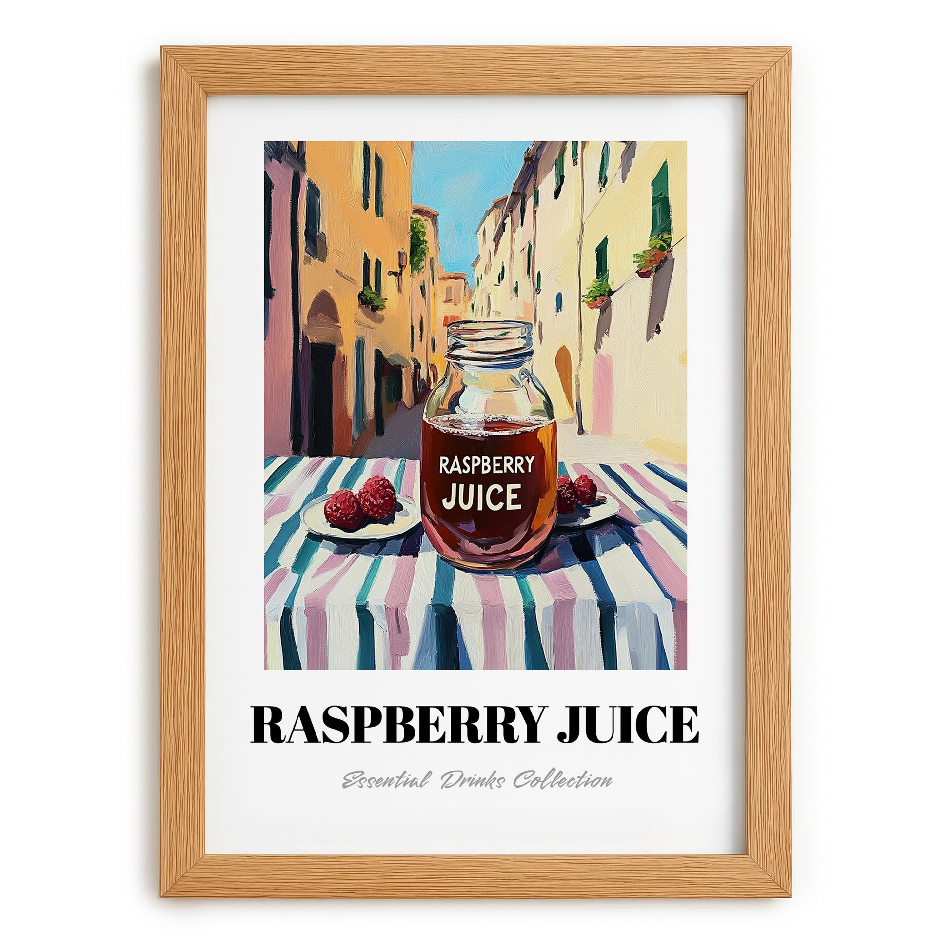 Raspberry Juice – Italian Outdoor Café Scene, Lemonade Painting, set in oak frame