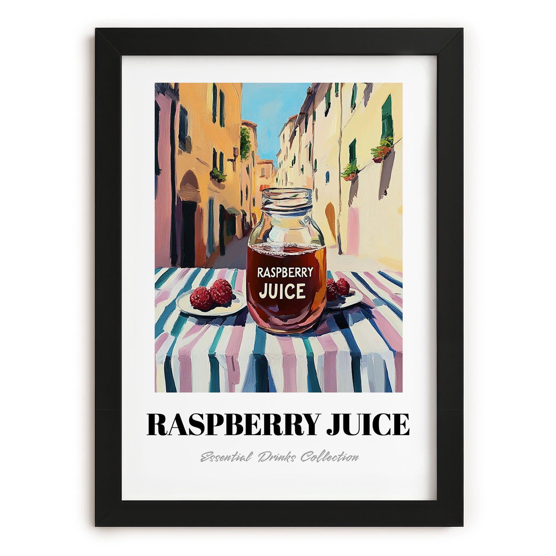 Raspberry Juice – Italian Outdoor Café Scene, Lemonade Painting, in sleek black frame