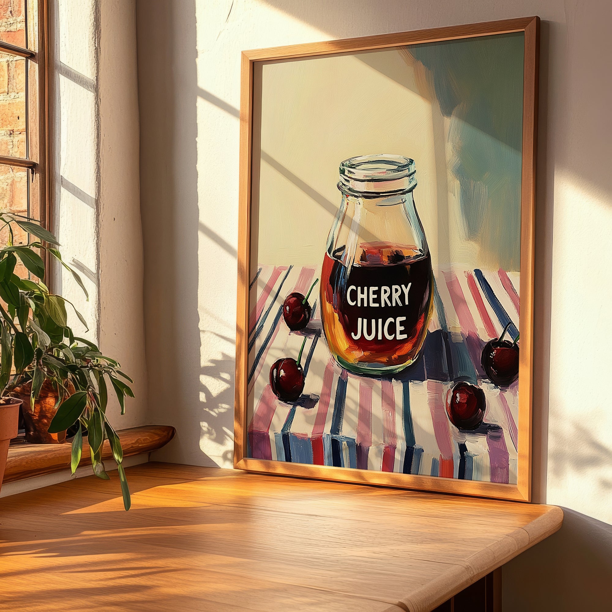 Cherry Juice – on Striped Tablecloth, Lemonade Wall Illustration, clean layout with no caption