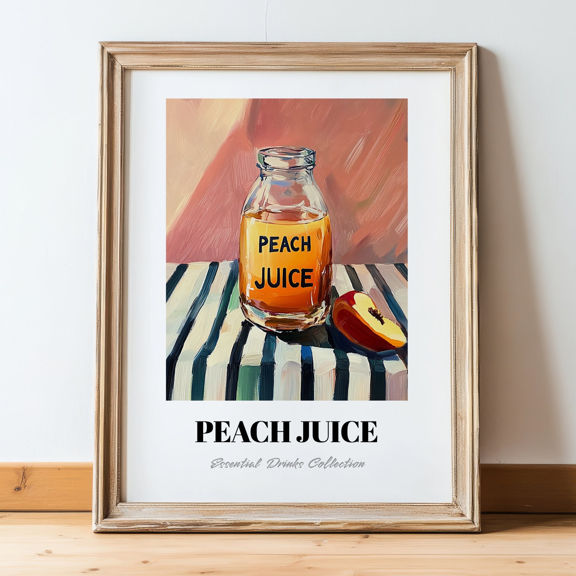 Peach Juice – on Striped Tablecloth, Lemonade Still Life, in wooden frame leaning on the floor