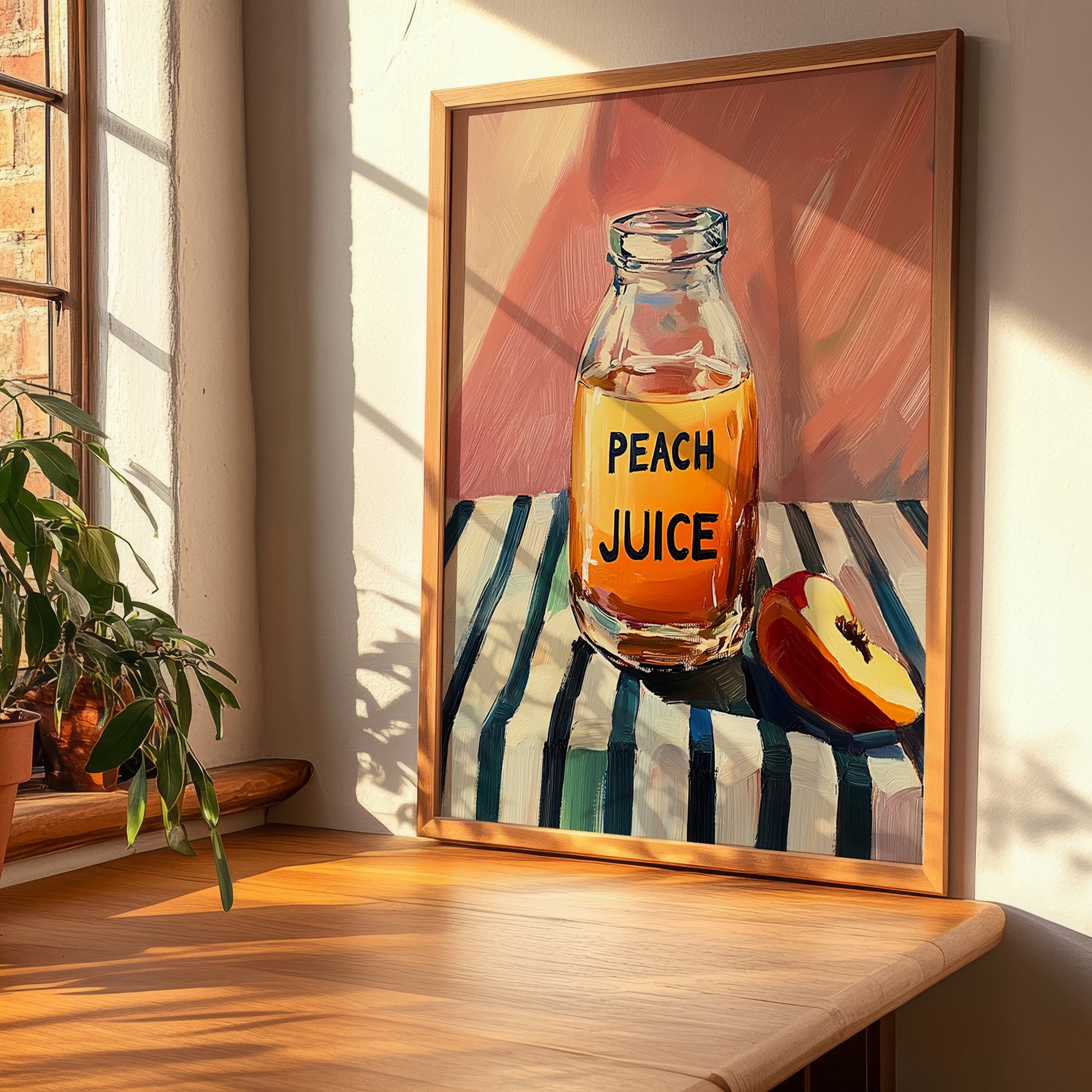 Peach Juice – on Striped Tablecloth, Lemonade Still Life, clean layout with no caption