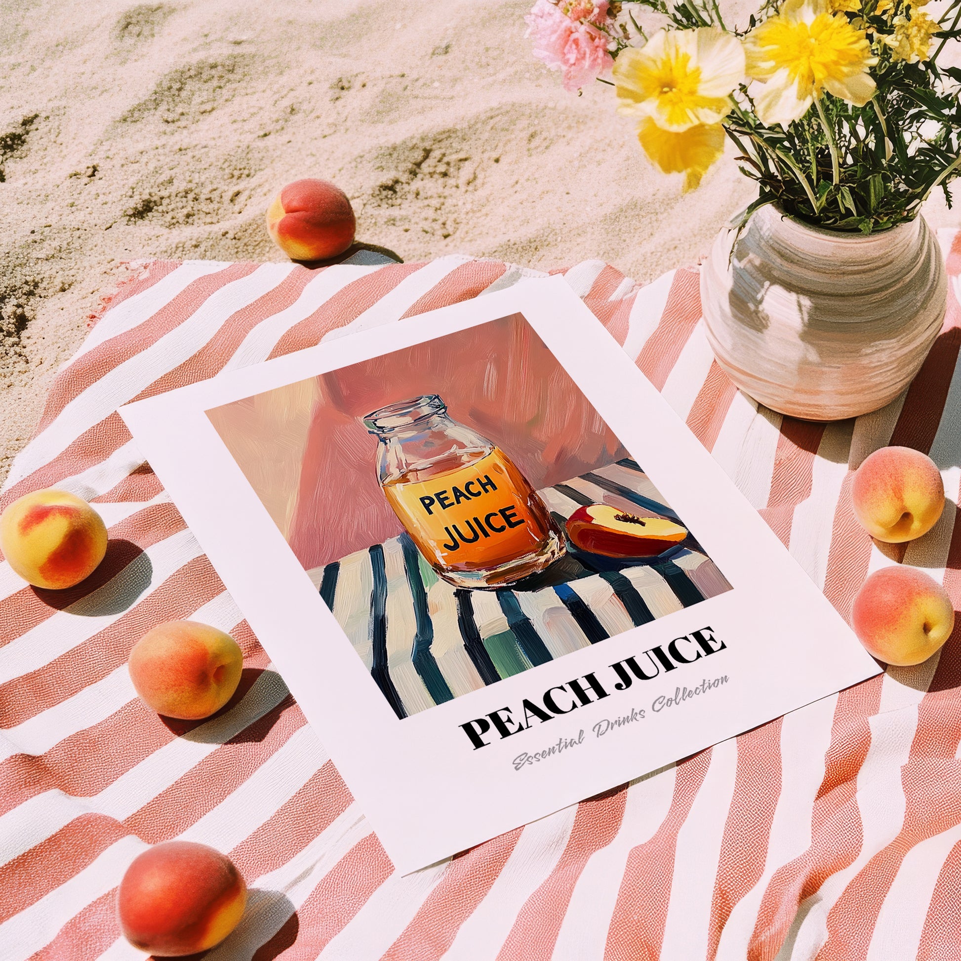 Peach Juice – on Striped Tablecloth, Lemonade Still Life, unframed on coastal sand