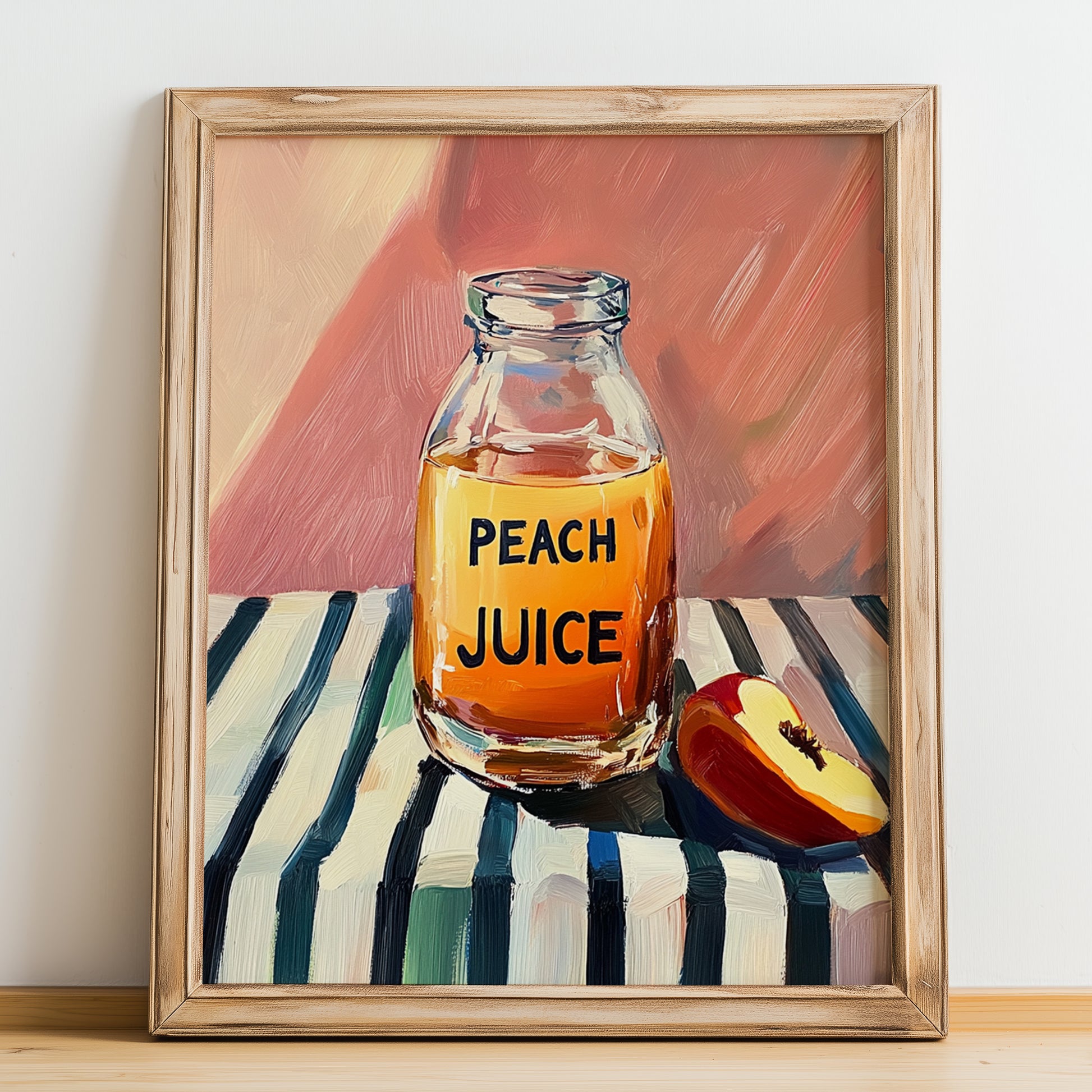Peach Juice – on Striped Tablecloth, Lemonade Still Life, no-text version framed in wood