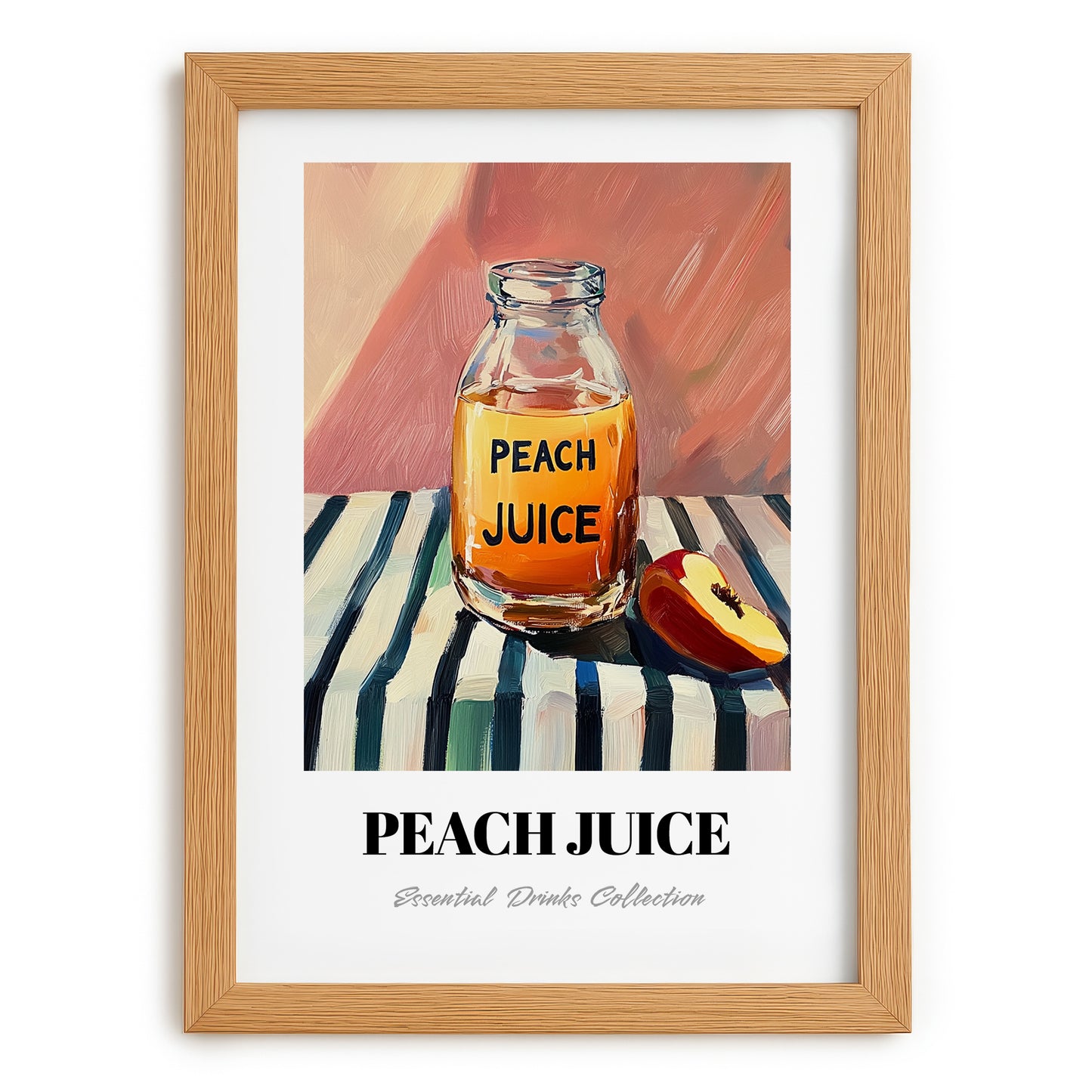 Peach Juice – on Striped Tablecloth, Lemonade Still Life, set in oak frame