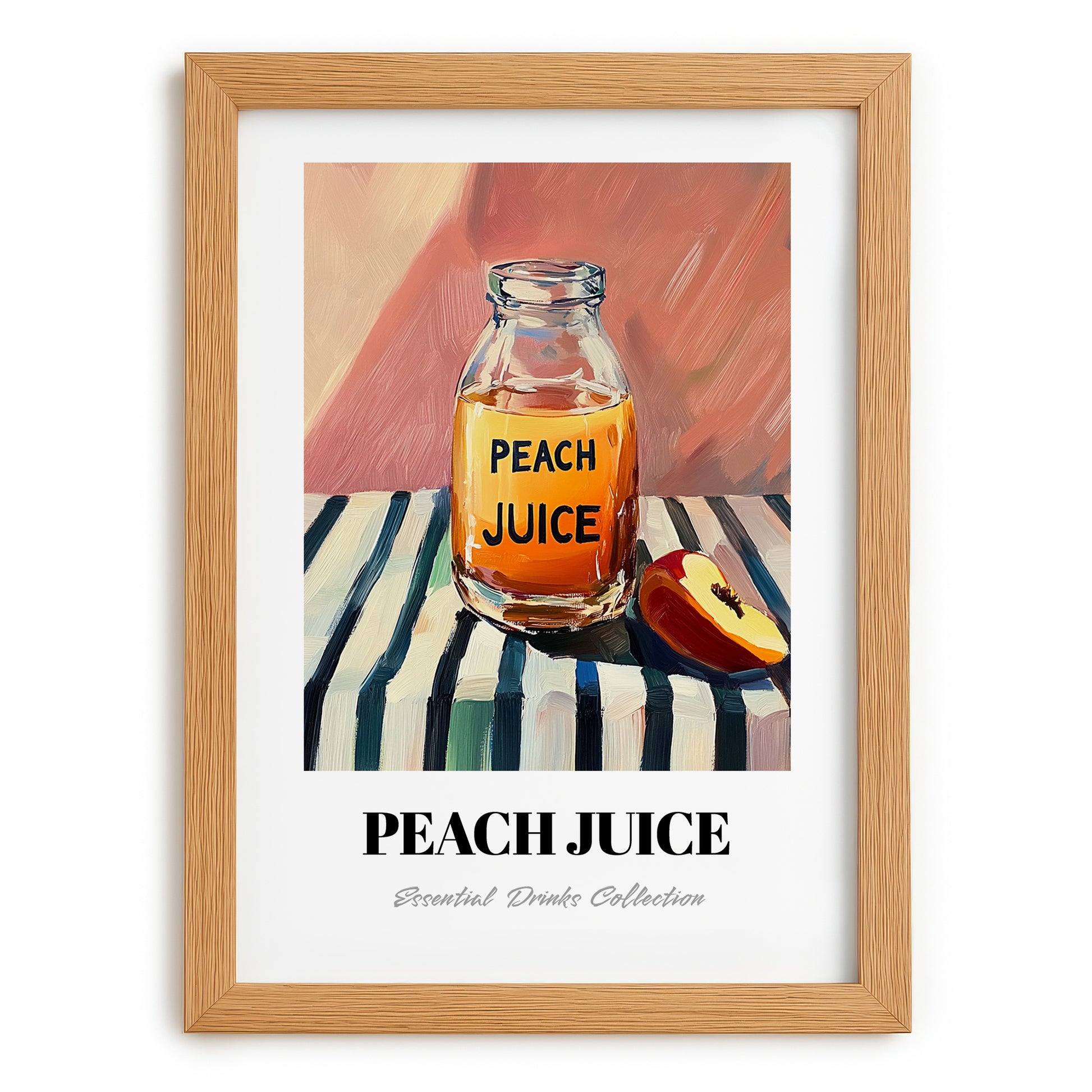 Peach Juice – on Striped Tablecloth, Lemonade Still Life, set in oak frame