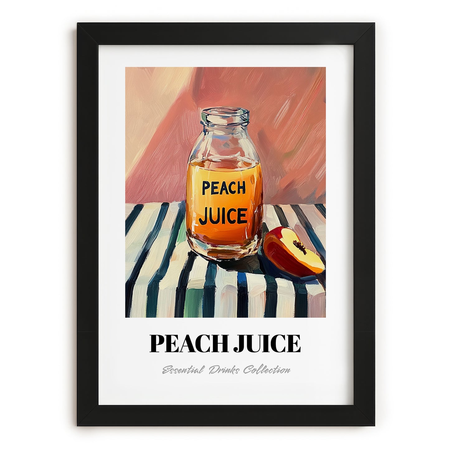Peach Juice – on Striped Tablecloth, Lemonade Still Life, in sleek black frame