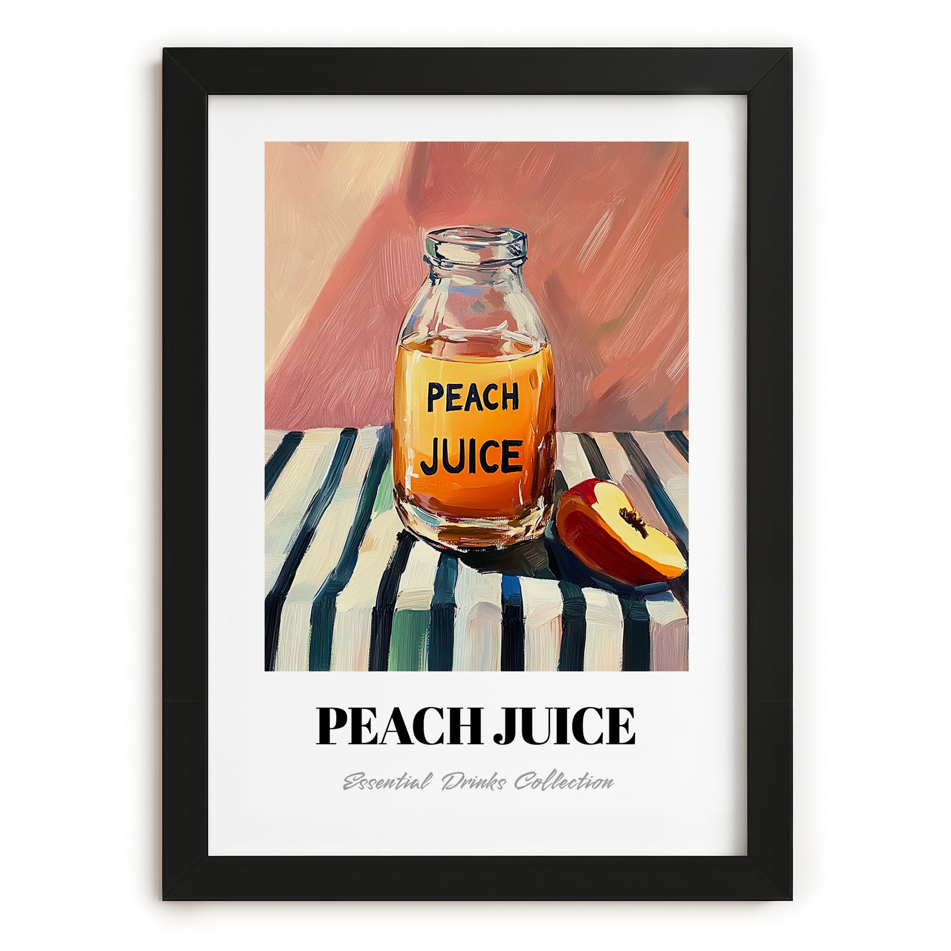 Peach Juice – on Striped Tablecloth, Lemonade Still Life, in sleek black frame