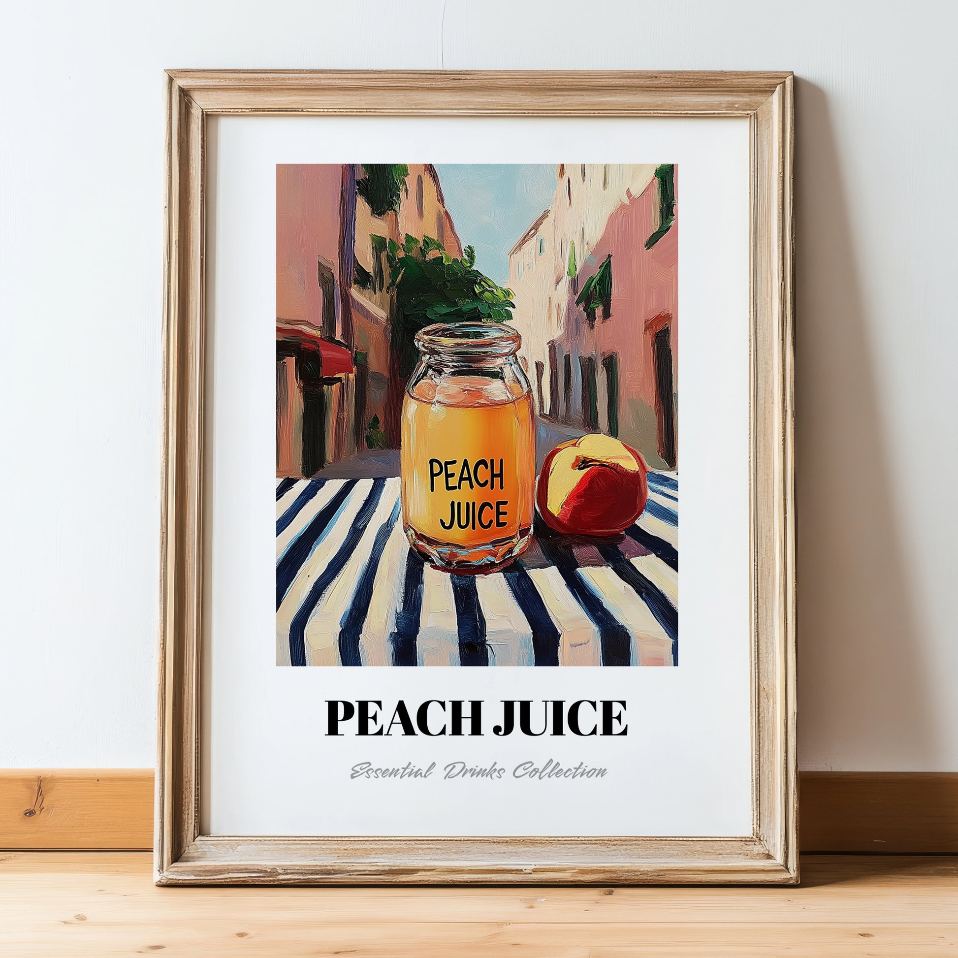 Peach Juice – Italian Street Café Scene, Lemonade Painting, in wooden frame leaning on the floor
