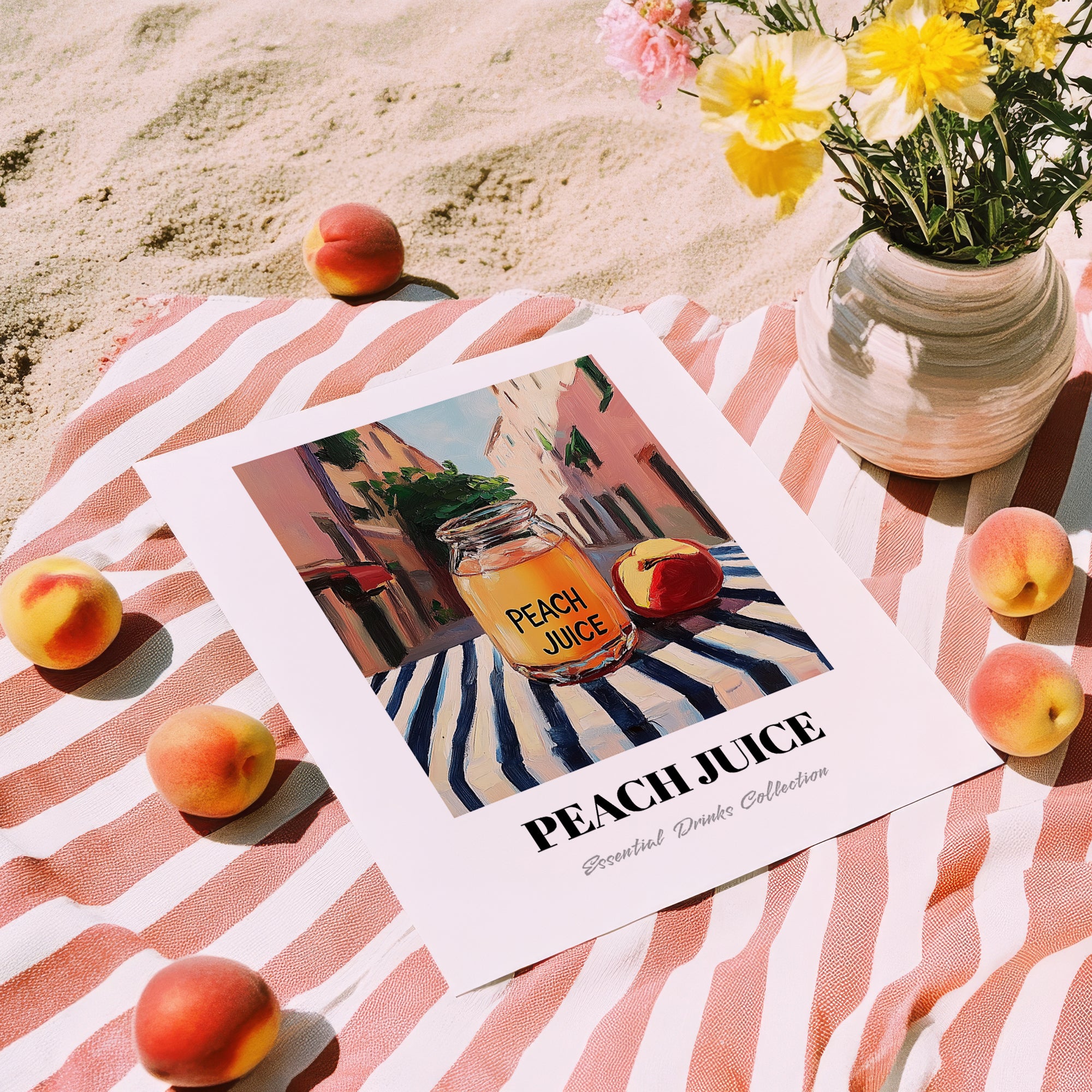 Peach Juice – Italian Street Café Scene, Lemonade Painting, unframed on coastal sand