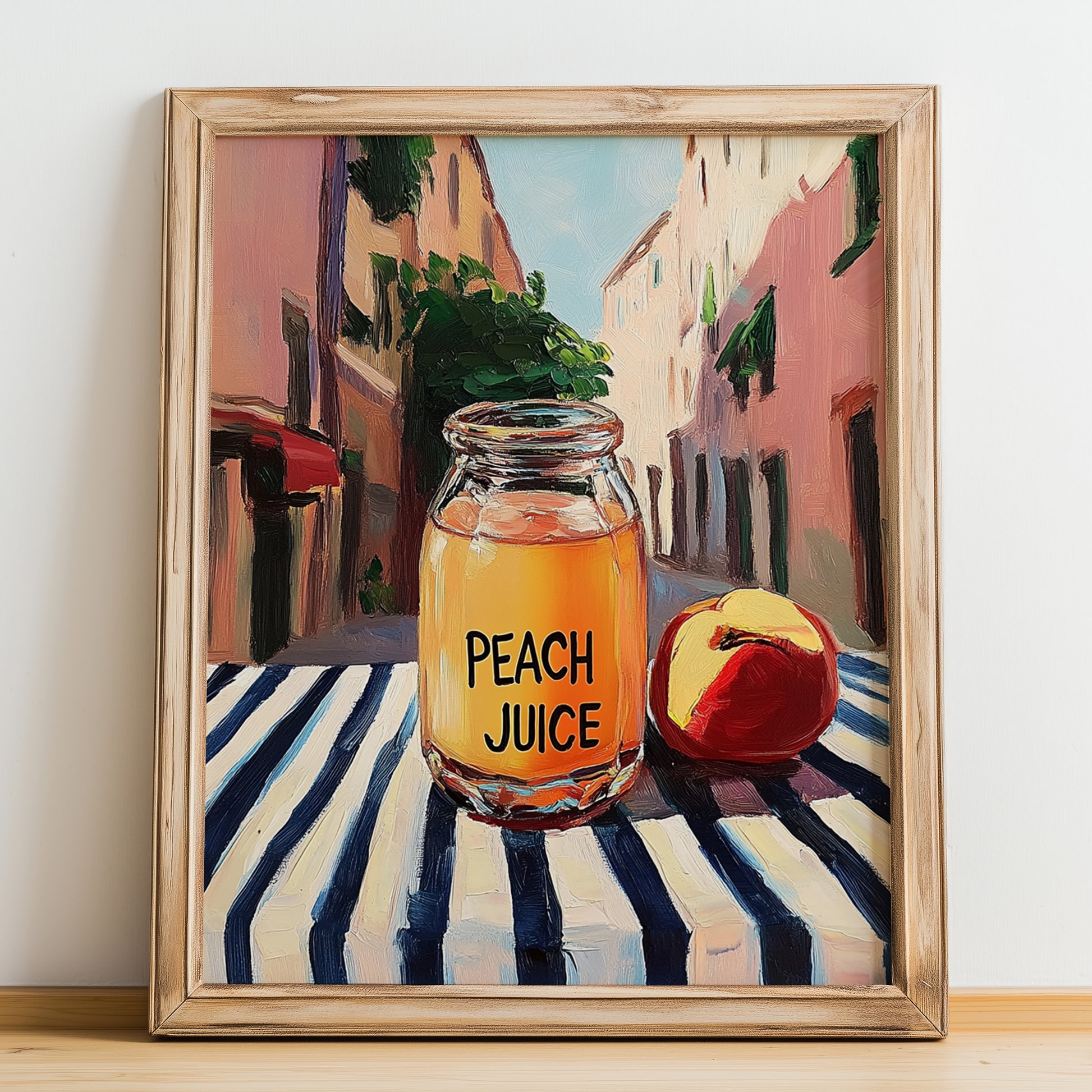 Peach Juice – Italian Street Café Scene, Lemonade Painting, no-text version framed in wood