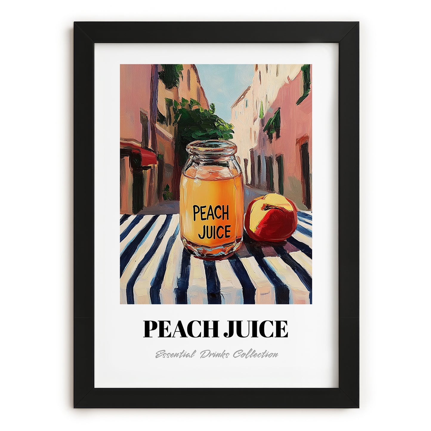 Peach Juice – Italian Street Café Scene, Lemonade Painting, in sleek black frame