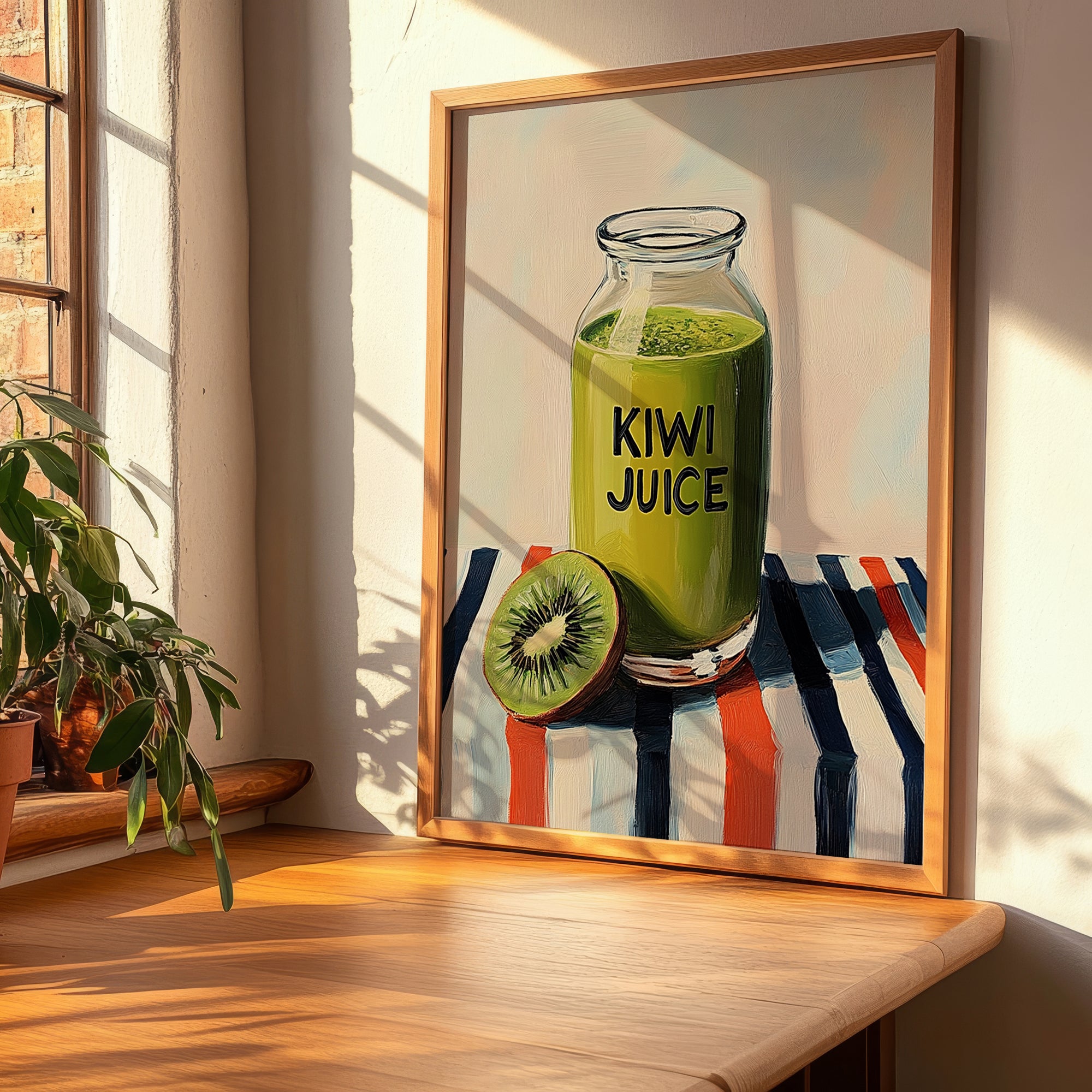 Kiwi Juice – on Striped Tablecloth, Lemonade Wall Decor, clean layout with no caption