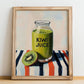 Kiwi Juice – on Striped Tablecloth, Lemonade Wall Decor, no-text version framed in wood